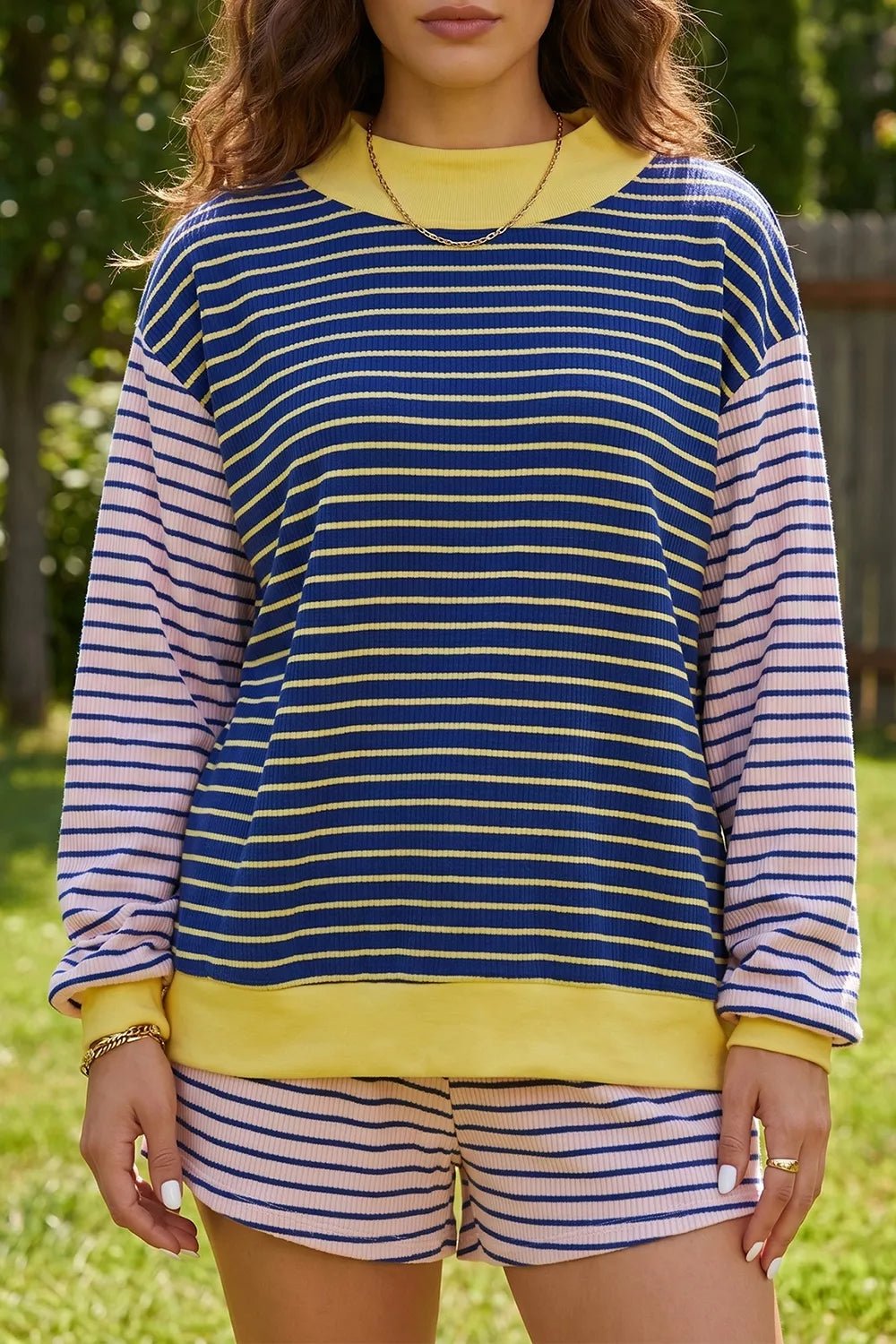 Stripe Color Block Long Sleeve Pullover Ribbed Knit Casual Shorts Set designed for comfort and style at Lookzlike