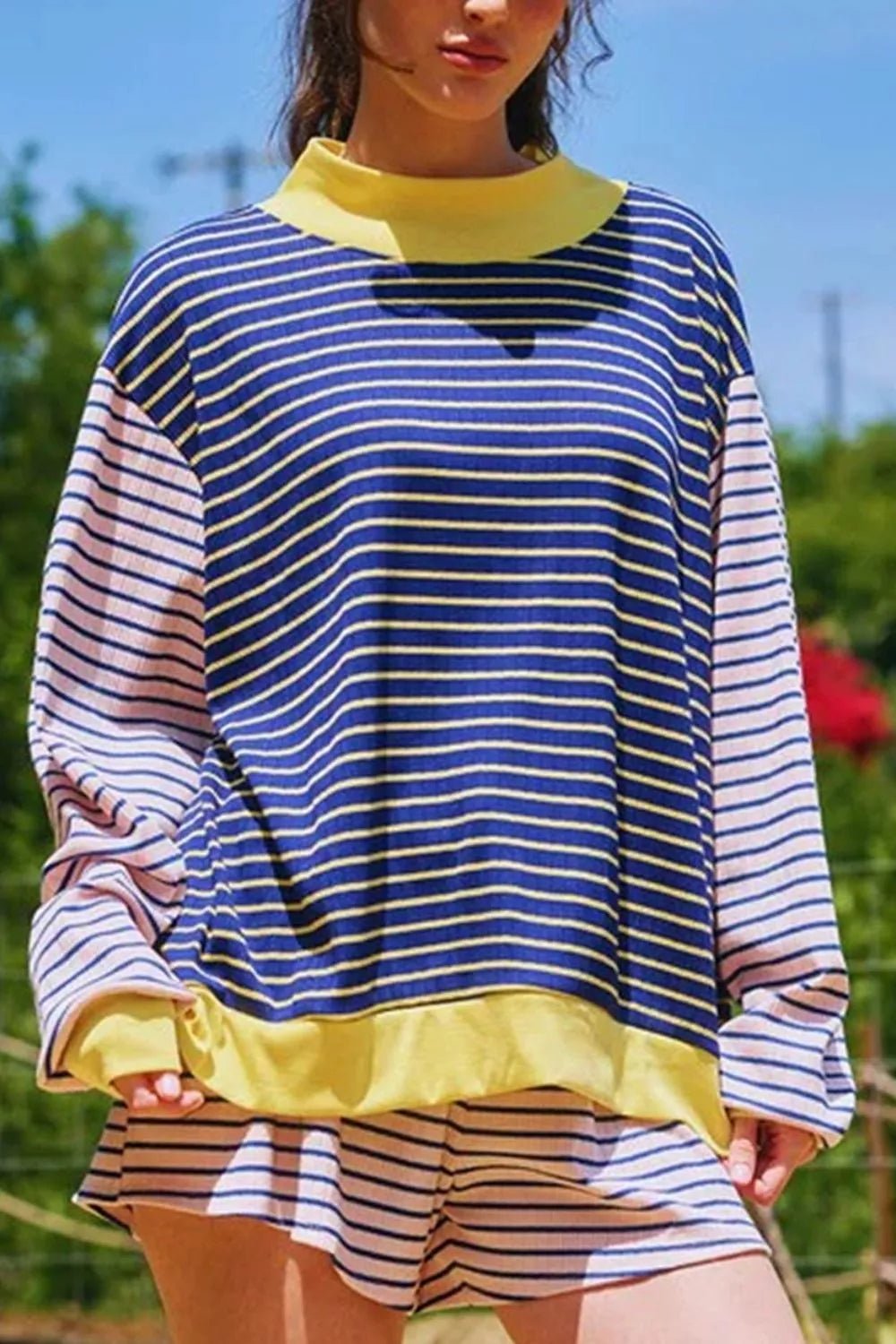 Stripe Color Block Long Sleeve Pullover Ribbed Knit Casual Shorts Set designed for comfort and style at Lookzlike
