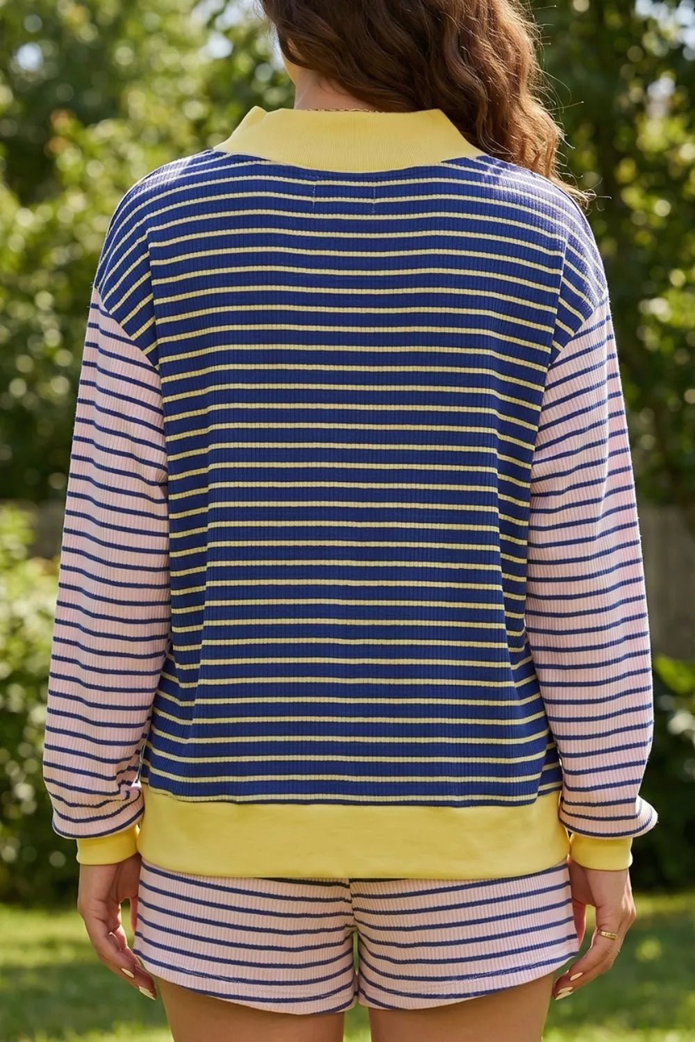 Stripe Color Block Long Sleeve Pullover Ribbed Knit Casual Shorts Set designed for comfort and style at Lookzlike