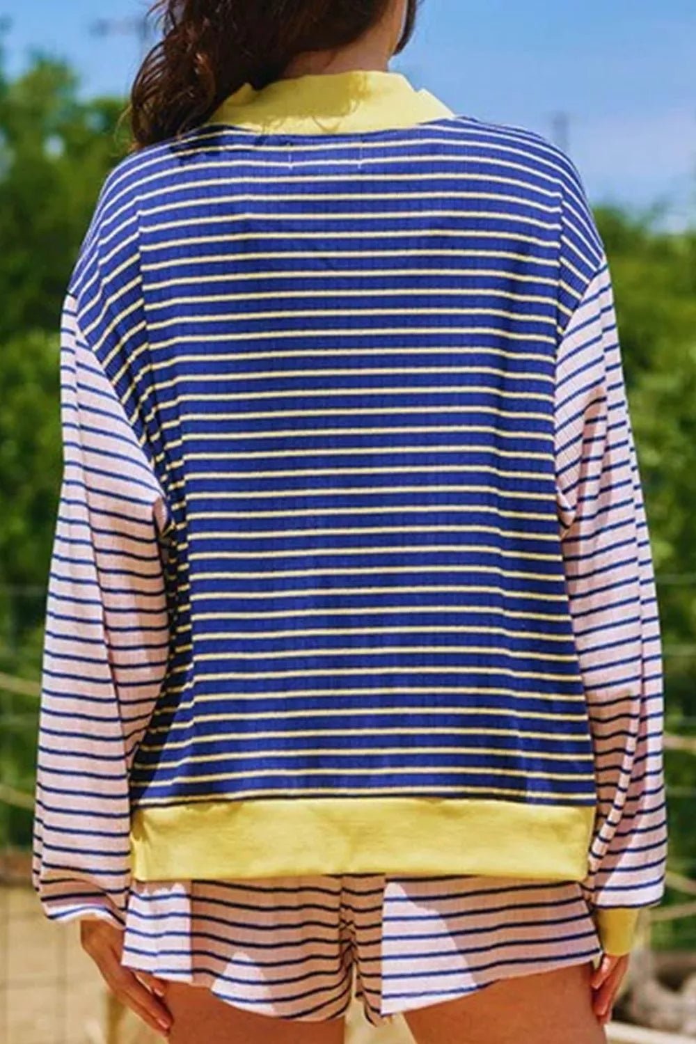Stripe Color Block Long Sleeve Pullover Ribbed Knit Casual Shorts Set designed for comfort and style at Lookzlike