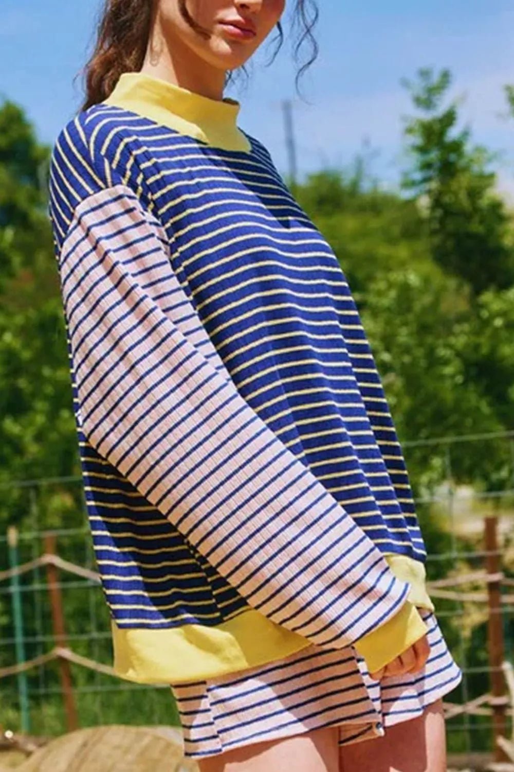 Stripe Color Block Long Sleeve Pullover Ribbed Knit Casual Shorts Set designed for comfort and style at Lookzlike