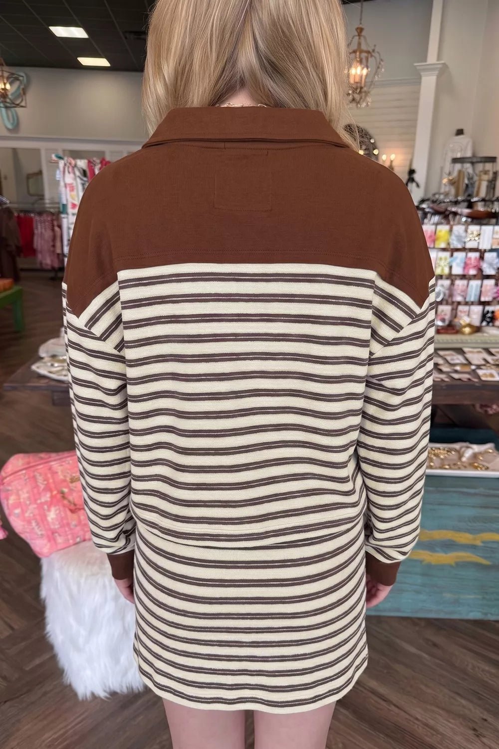 Stripe Contrast Trim Button Neck Long Sleeve Top Drawstring Mini Skirt Set designed for comfort and style at Lookzlike