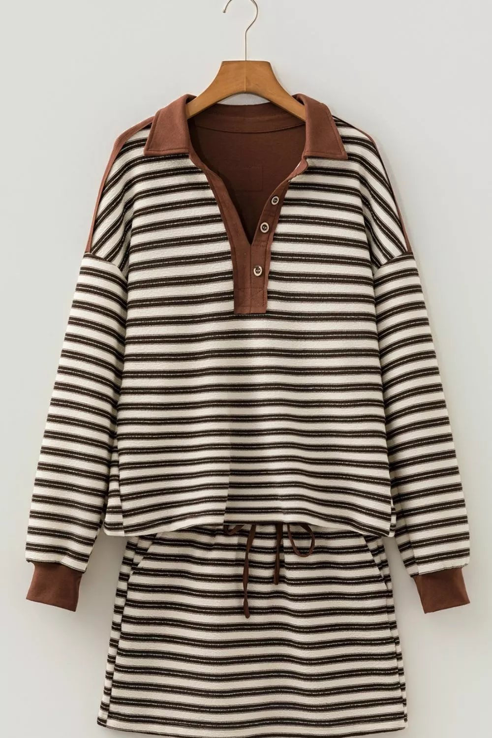 Stripe Contrast Trim Button Neck Long Sleeve Top Drawstring Mini Skirt Set designed for comfort and style at Lookzlike
