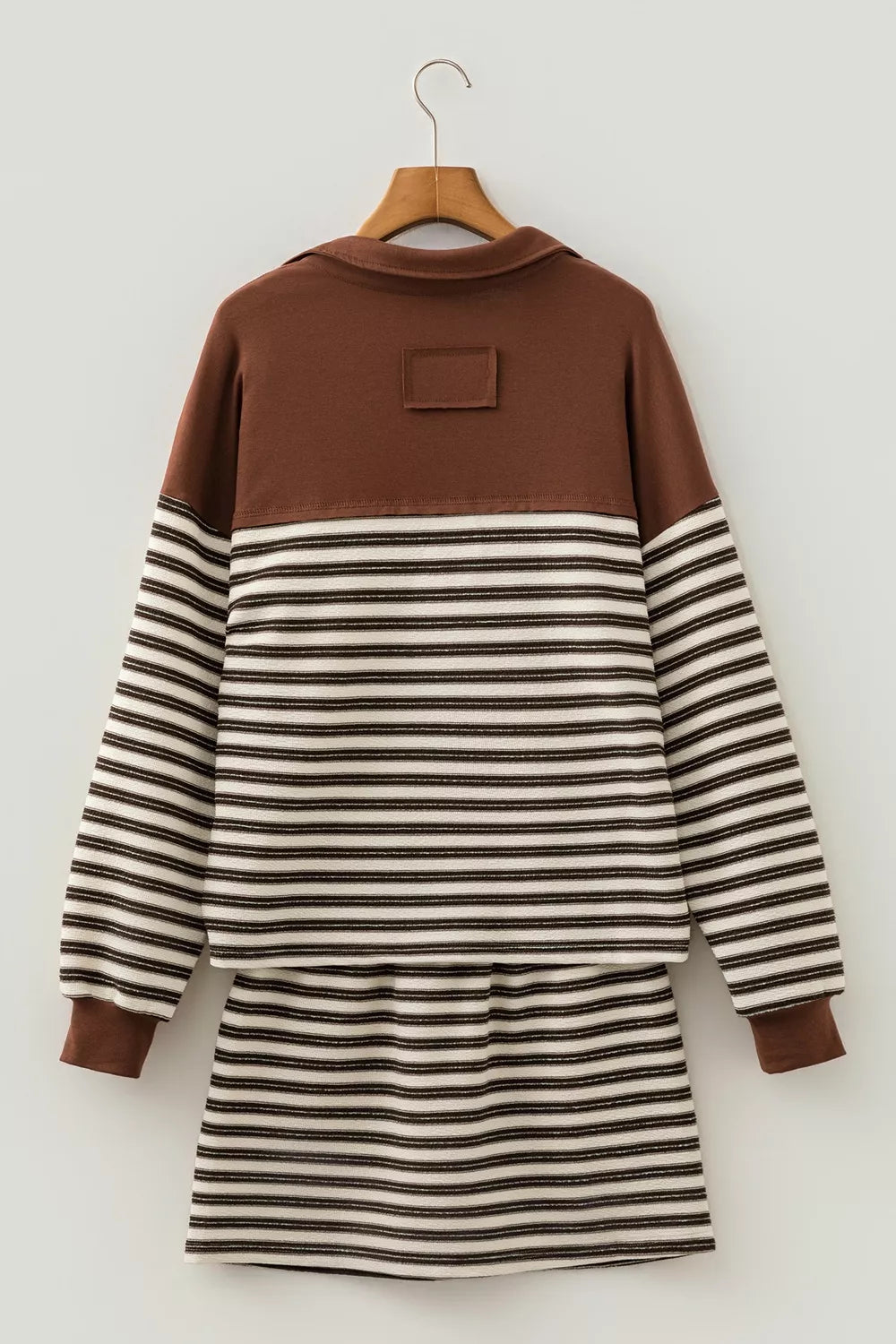 Stripe Contrast Trim Button Neck Long Sleeve Top Drawstring Mini Skirt Set designed for comfort and style at Lookzlike