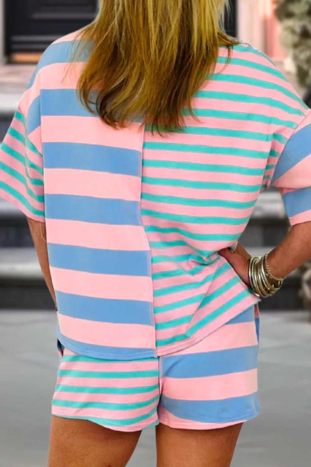 Stripe Exposed Seam Mixed Patchwork Loose Short Set designed for comfort and style at Lookzlike