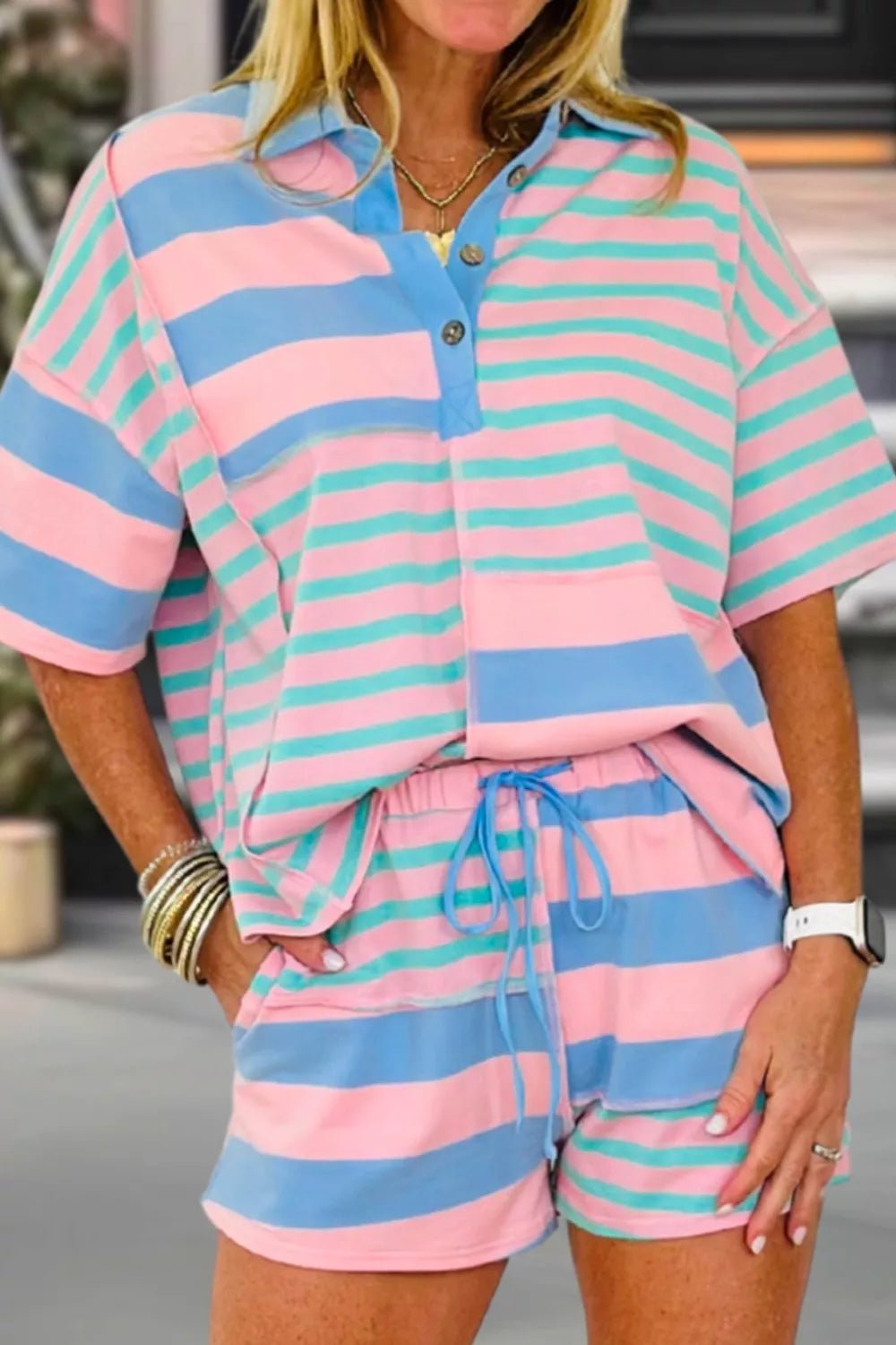 Stripe Exposed Seam Mixed Patchwork Loose Short Set designed for comfort and style at Lookzlike
