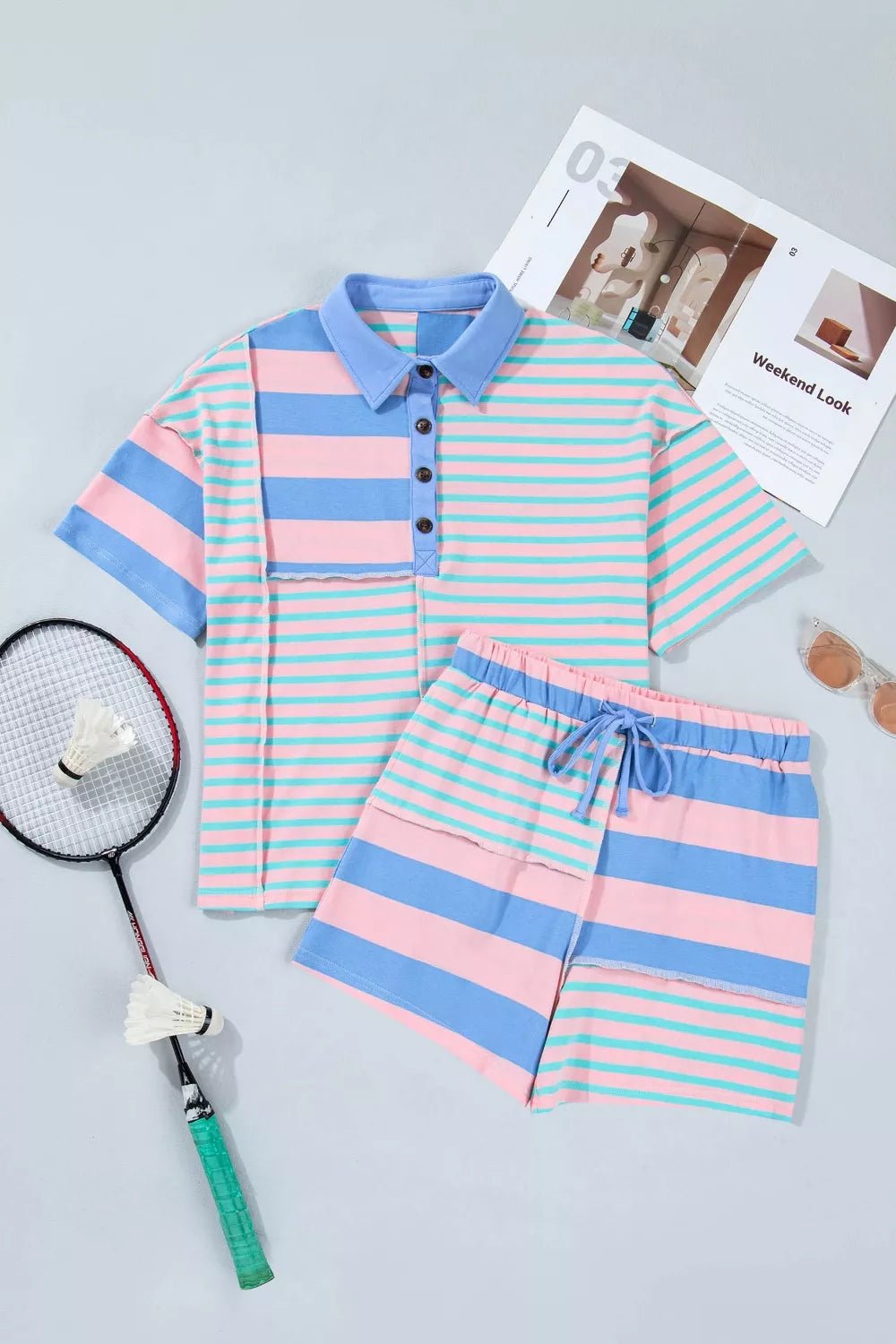 Stripe Exposed Seam Mixed Patchwork Loose Short Set designed for comfort and style at Lookzlike