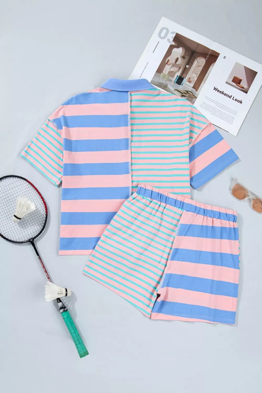 Stripe Exposed Seam Mixed Patchwork Loose Short Set designed for comfort and style at Lookzlike
