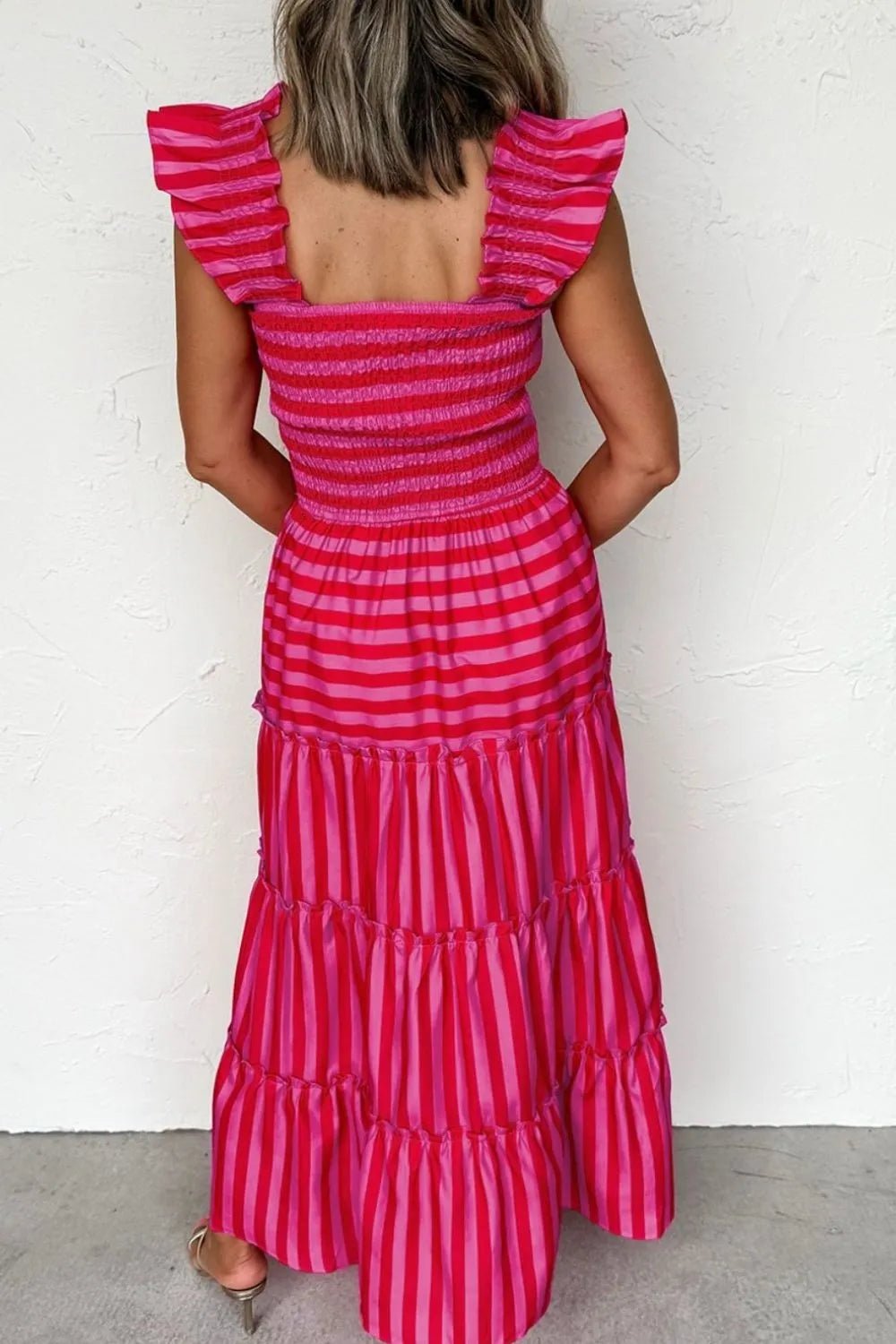 Stripe Flutter Sleeve Smocked Bodice Tiered Maxi Dress - Lookzlike