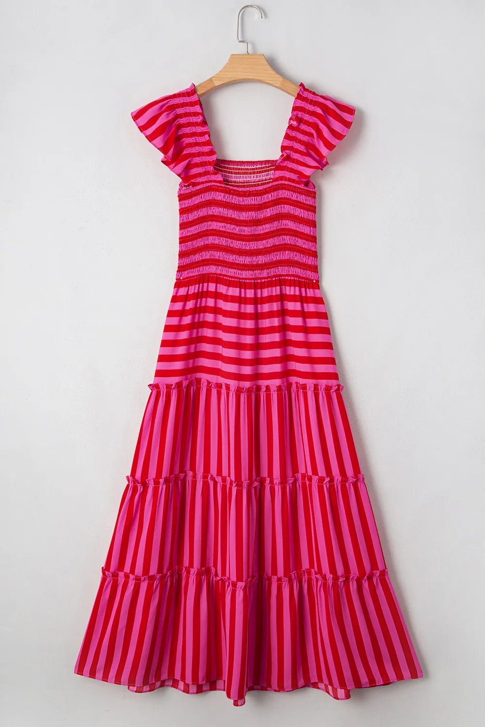 Stripe Flutter Sleeve Smocked Bodice Tiered Maxi Dress - Lookzlike