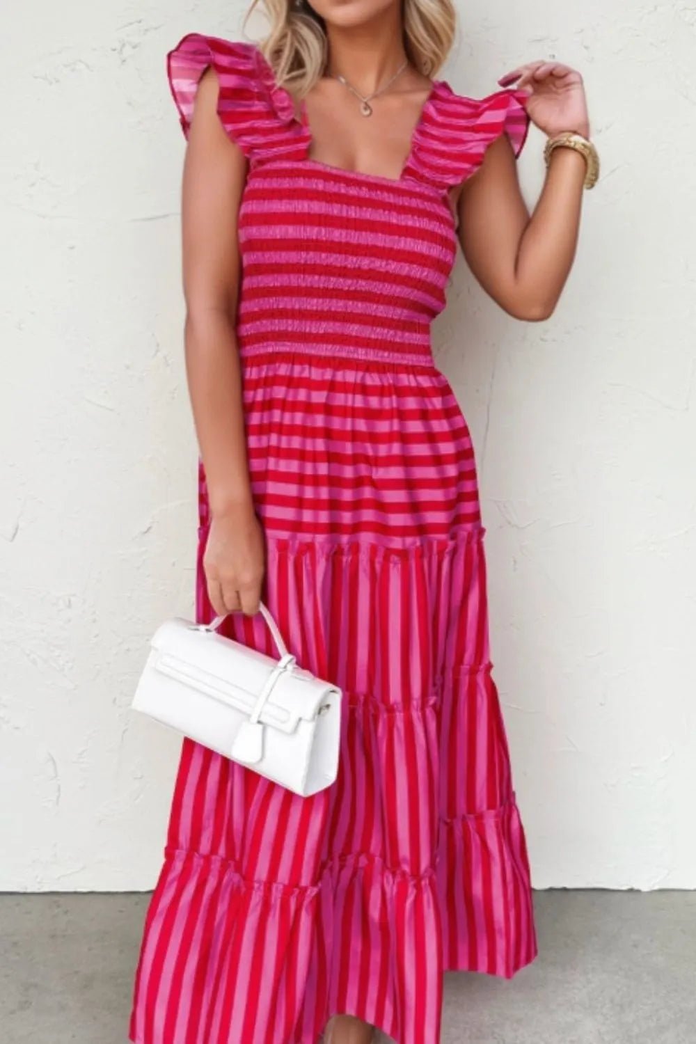 Stripe Flutter Sleeve Smocked Bodice Tiered Maxi Dress - Lookzlike