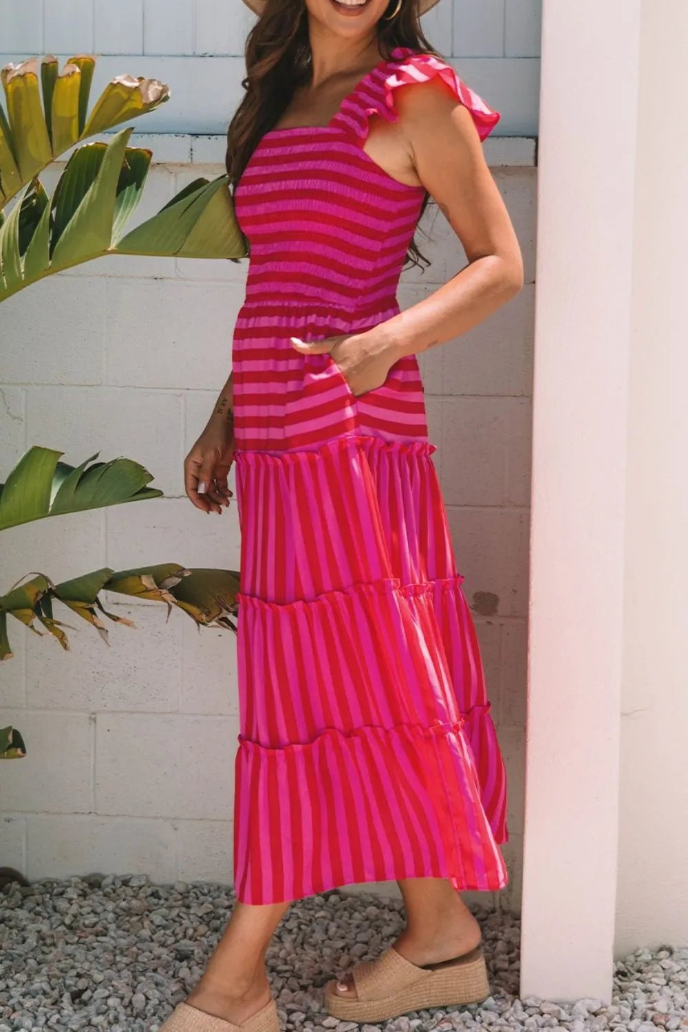 Stripe Flutter Sleeve Smocked Bodice Tiered Maxi Dress - Lookzlike