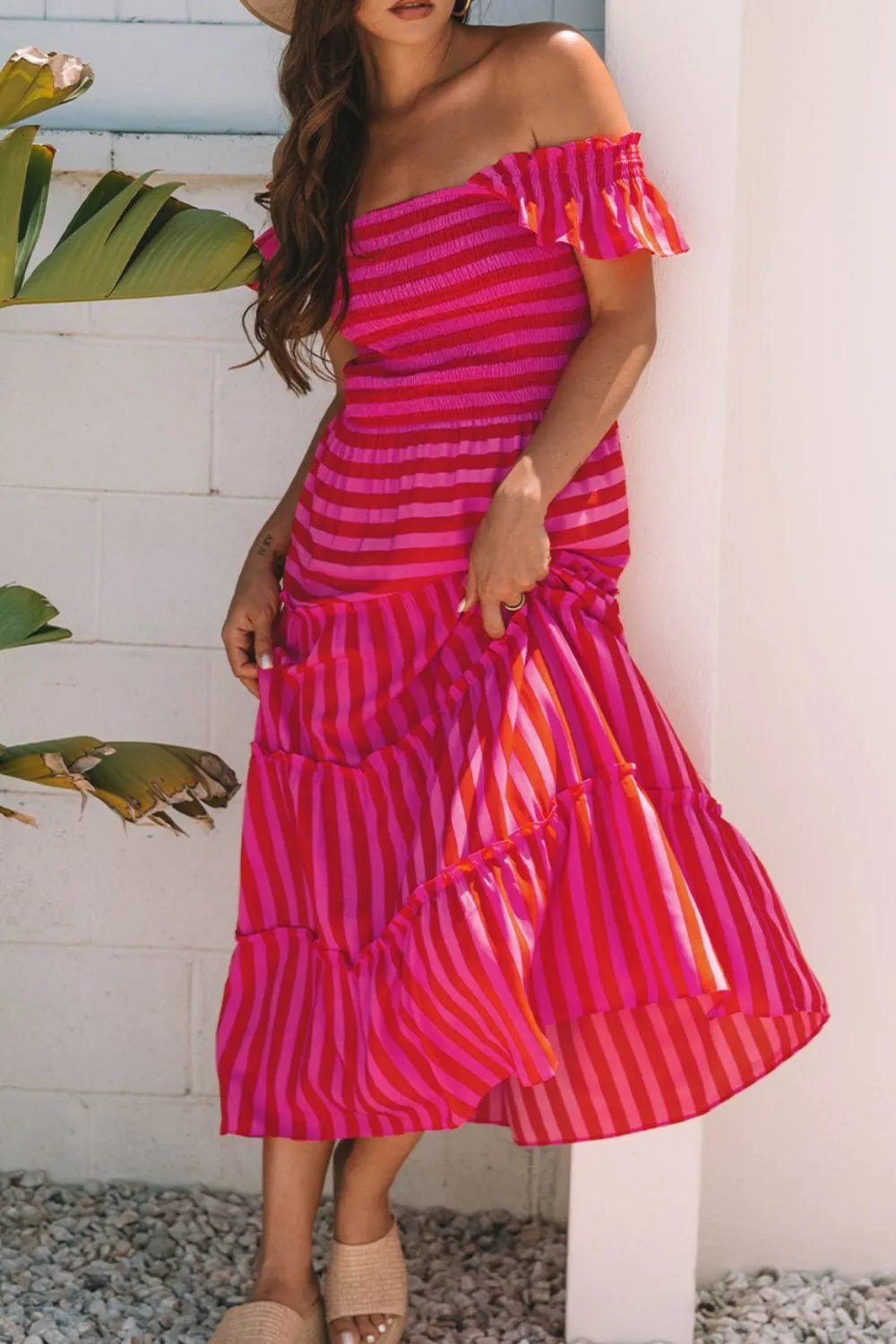 Stripe Flutter Sleeve Smocked Bodice Tiered Maxi Dress - Lookzlike