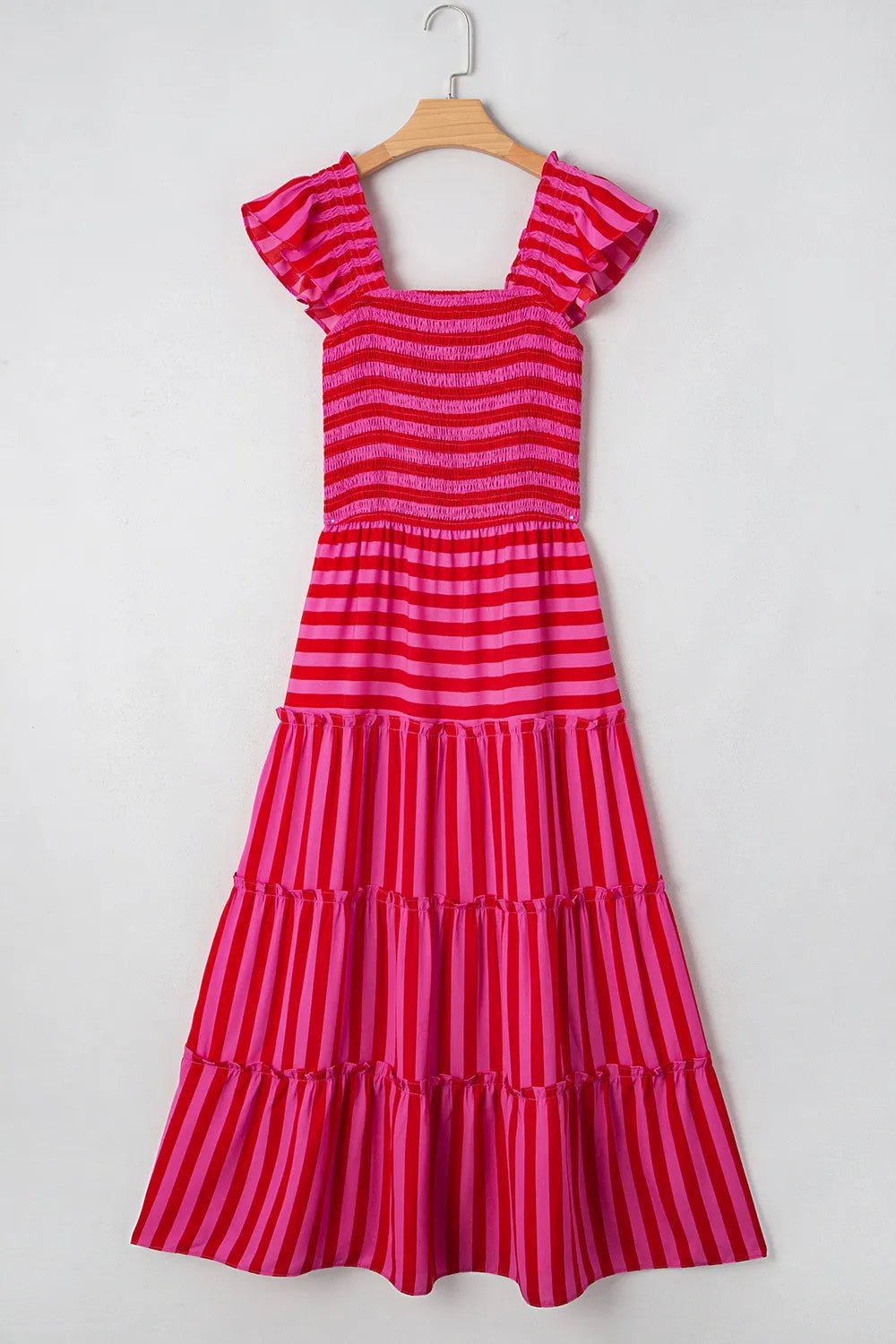 Stripe Flutter Sleeve Smocked Bodice Tiered Maxi Dress - Lookzlike