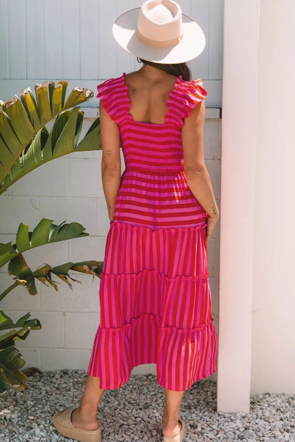 Stripe Flutter Sleeve Smocked Bodice Tiered Maxi Dress - Lookzlike