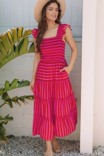 Stripe Flutter Sleeve Smocked Bodice Tiered Maxi Dress - Lookzlike