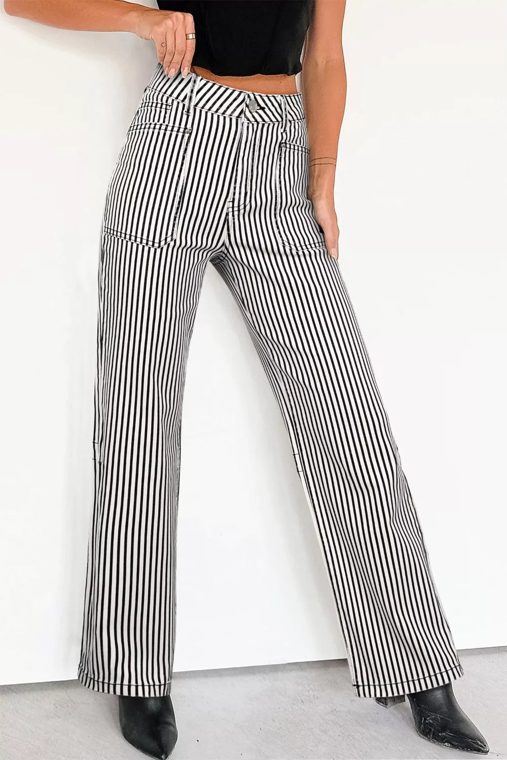 Stripe Patch Pocket High Waist Shift Denim Jeans designed for comfort and style at Lookzlike