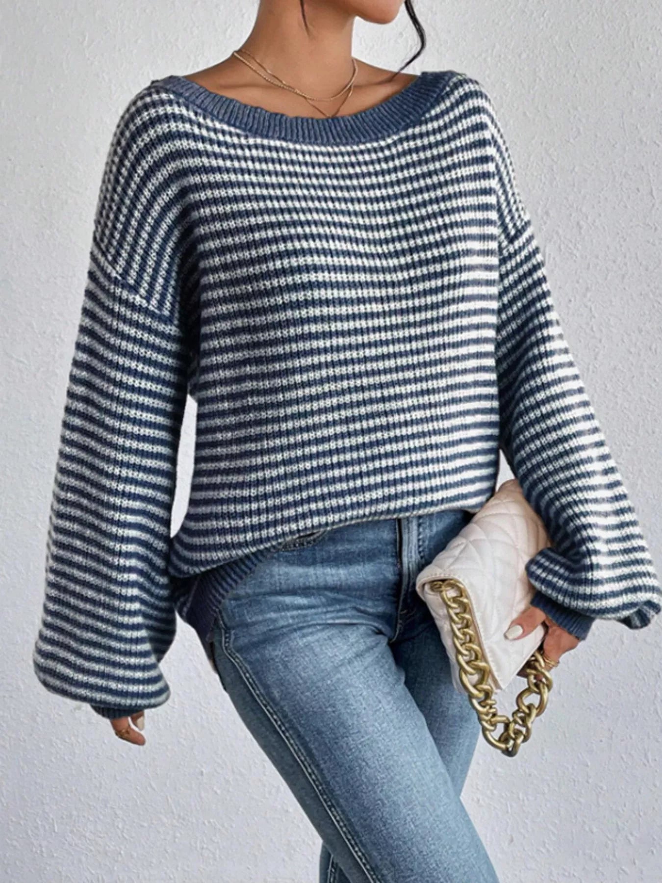 Striped Boat Neck Long Sleeve Sweater designed for comfort and style at Lookzlike