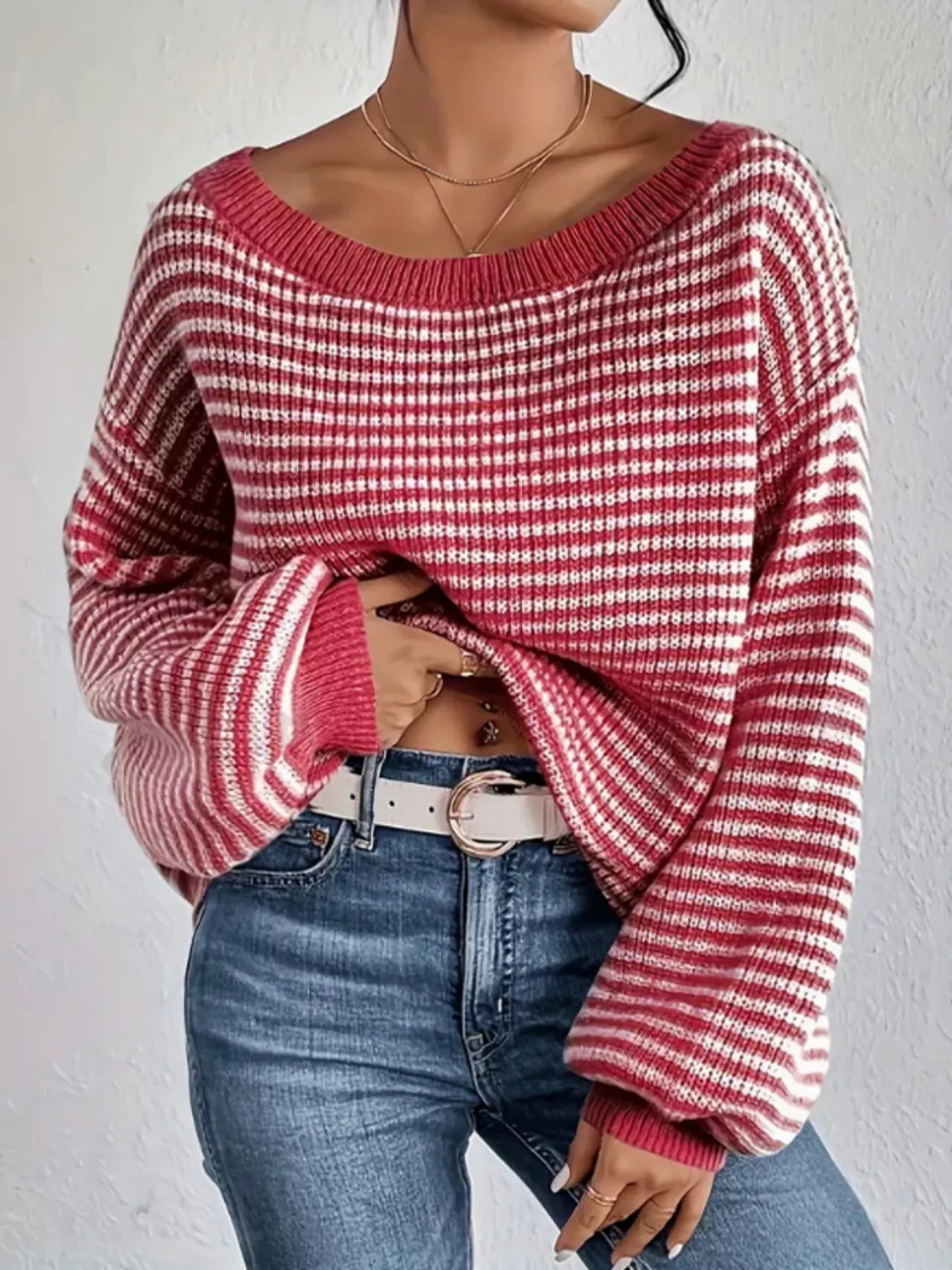 Striped Boat Neck Long Sleeve Sweater designed for comfort and style at Lookzlike
