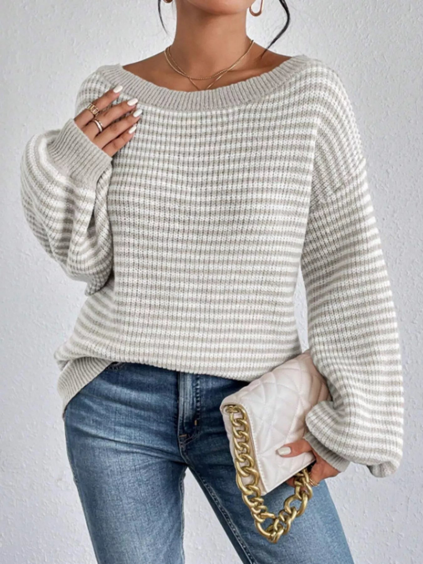 Striped Boat Neck Long Sleeve Sweater designed for comfort and style at Lookzlike