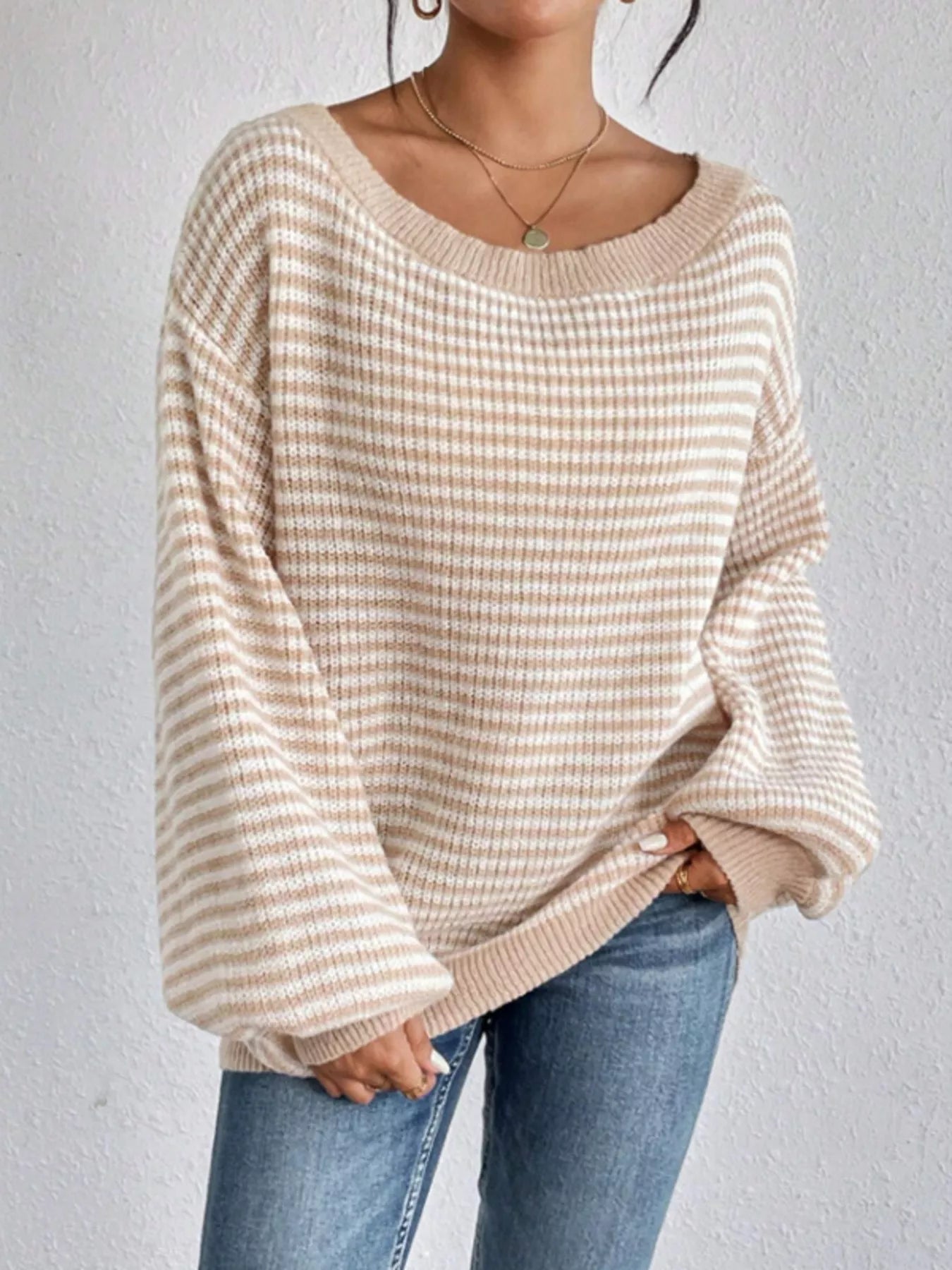 Striped Boat Neck Long Sleeve Sweater designed for comfort and style at Lookzlike