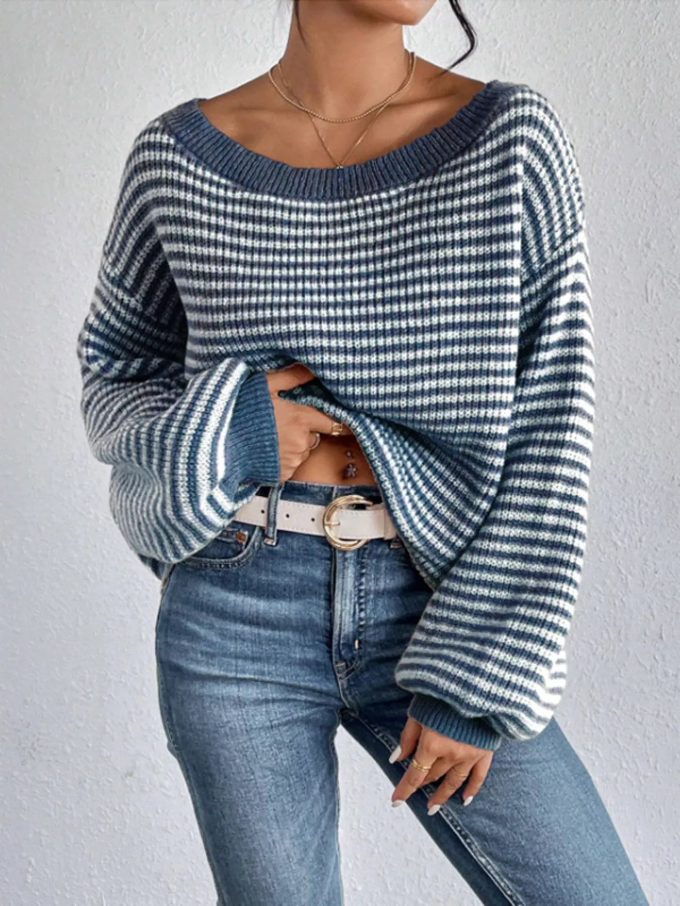 Striped Boat Neck Long Sleeve Sweater designed for comfort and style at Lookzlike
