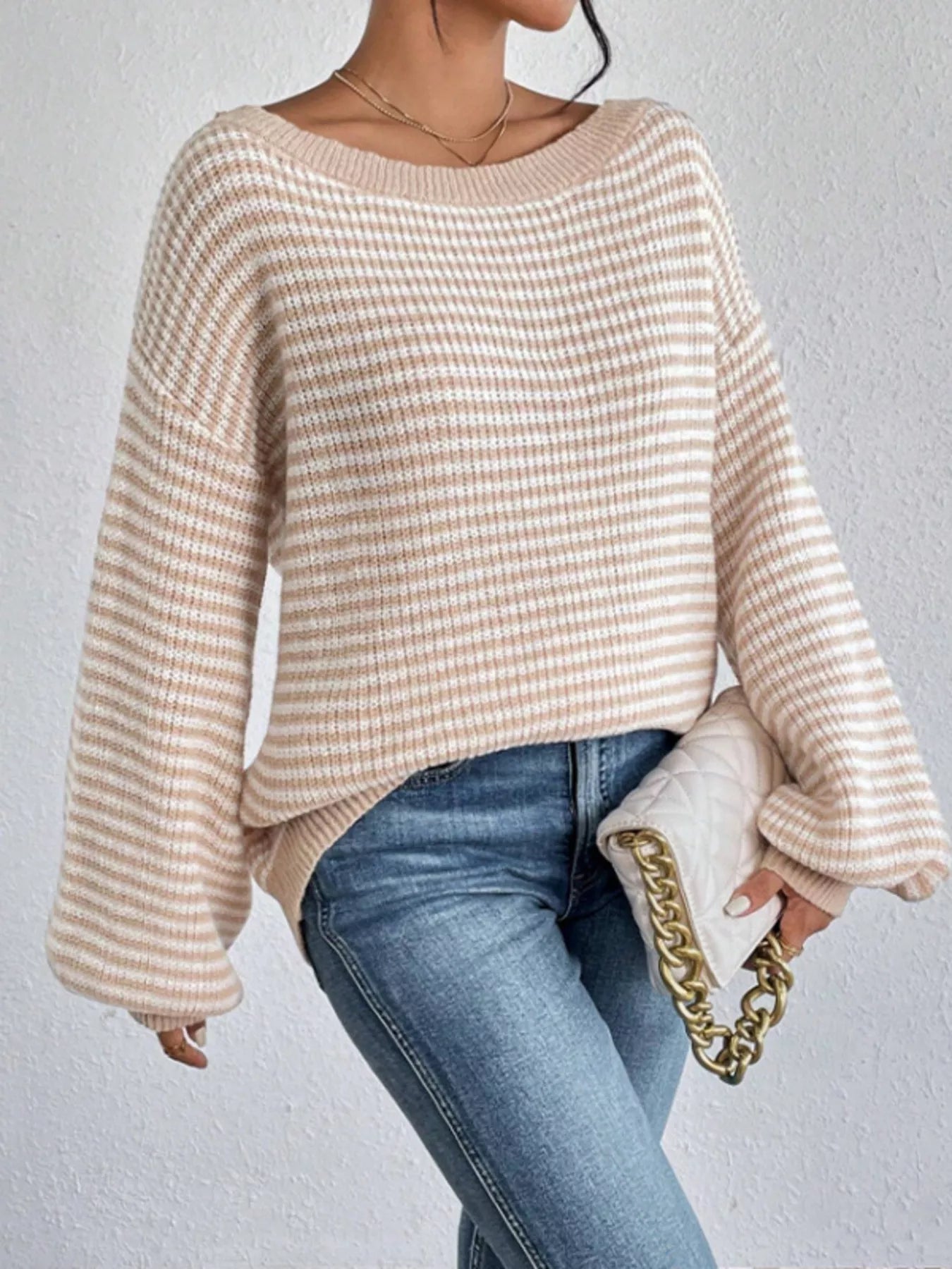 Striped Boat Neck Long Sleeve Sweater designed for comfort and style at Lookzlike