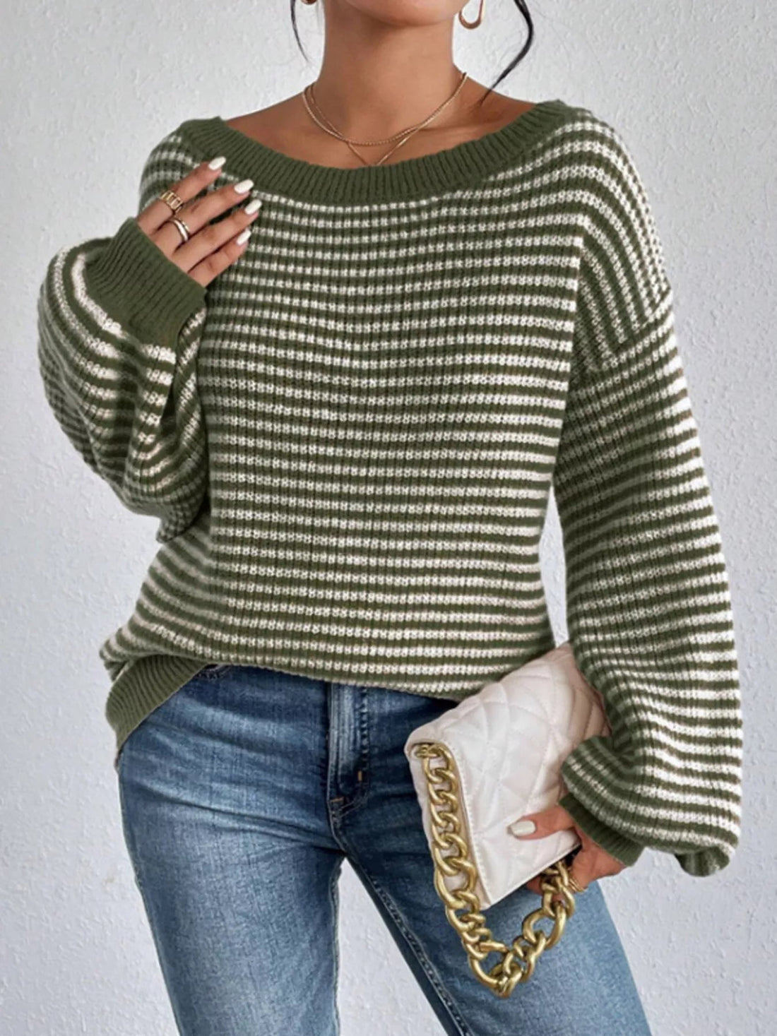 Striped Boat Neck Long Sleeve Sweater designed for comfort and style at Lookzlike