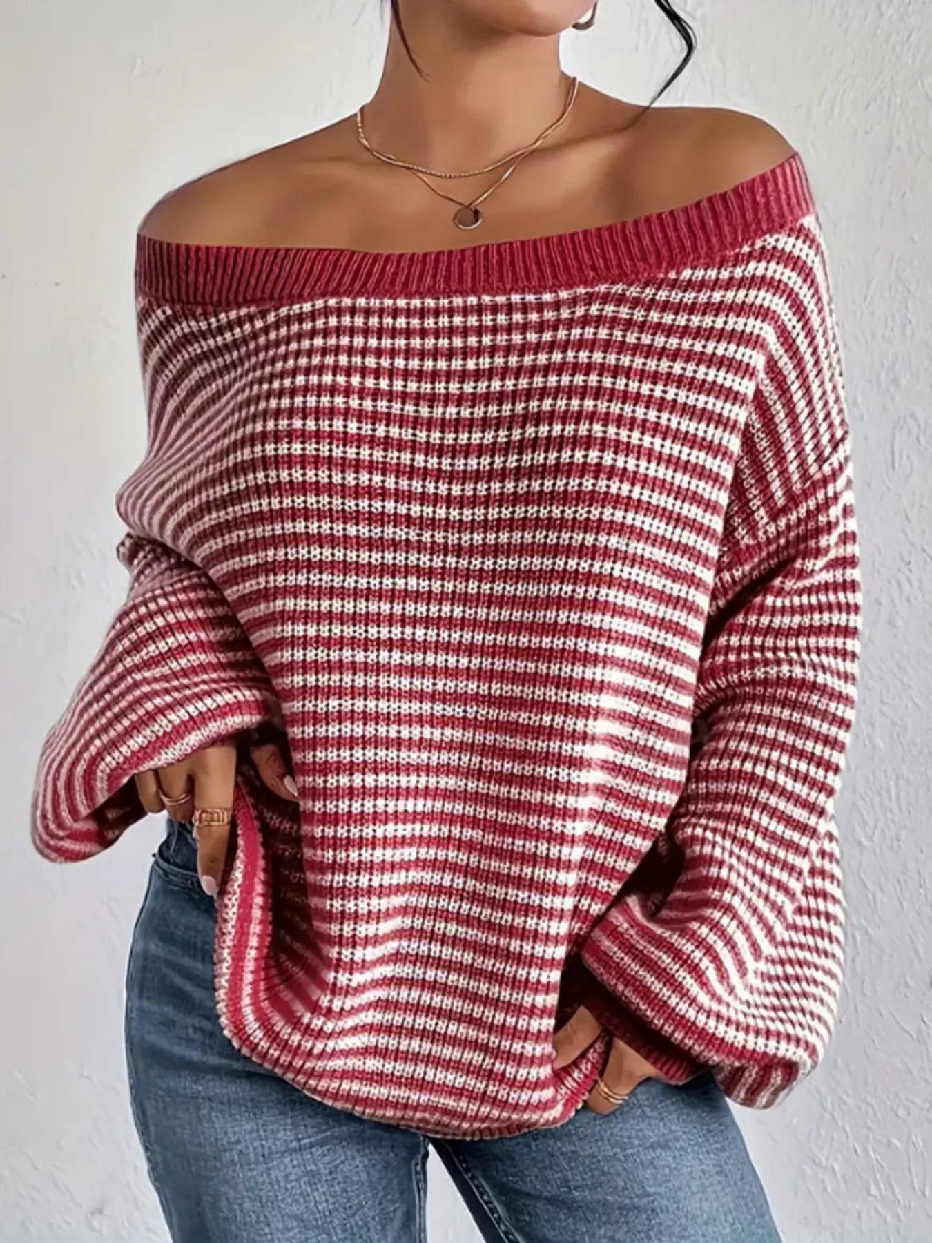 Striped Boat Neck Long Sleeve Sweater designed for comfort and style at Lookzlike