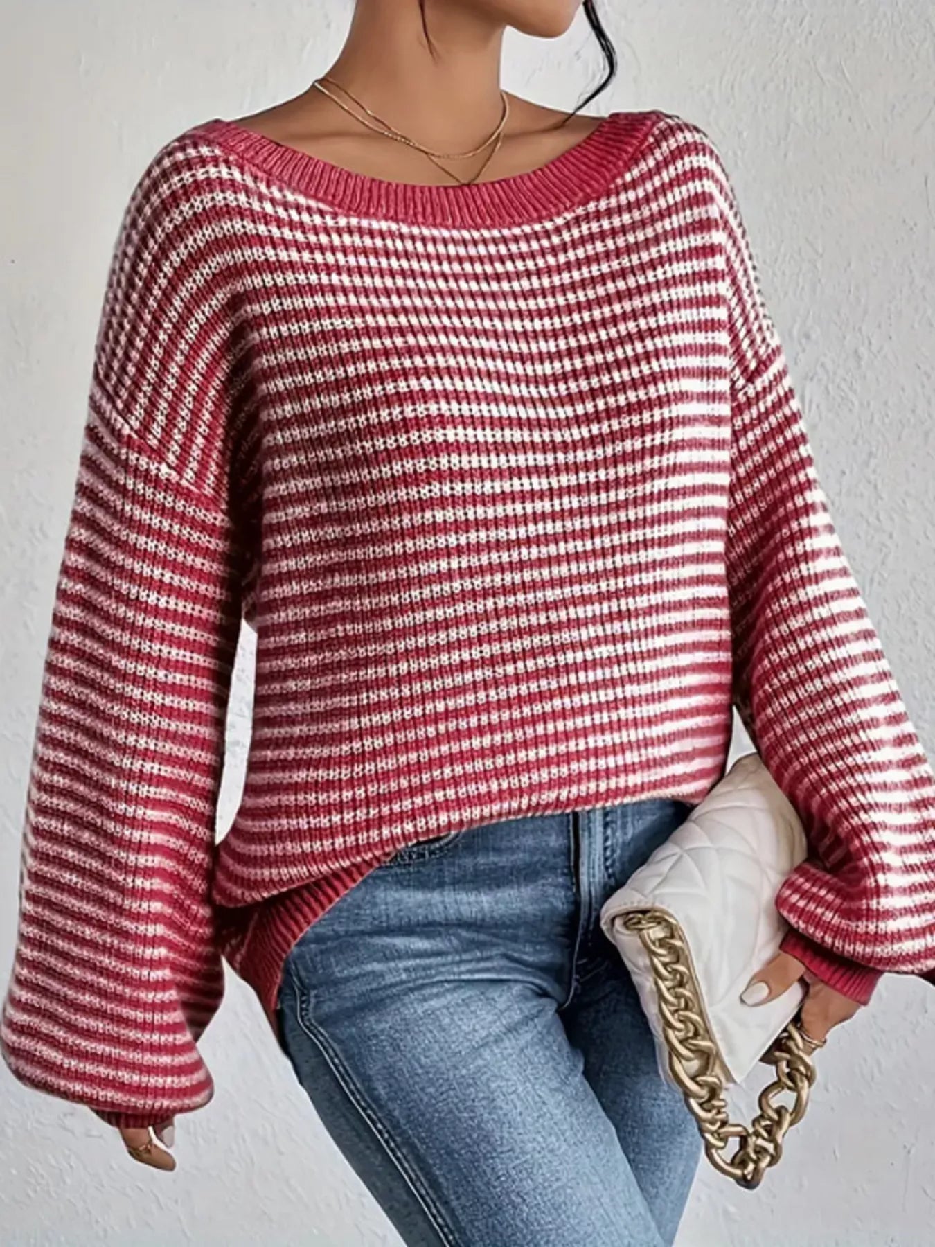 Striped Boat Neck Long Sleeve Sweater designed for comfort and style at Lookzlike