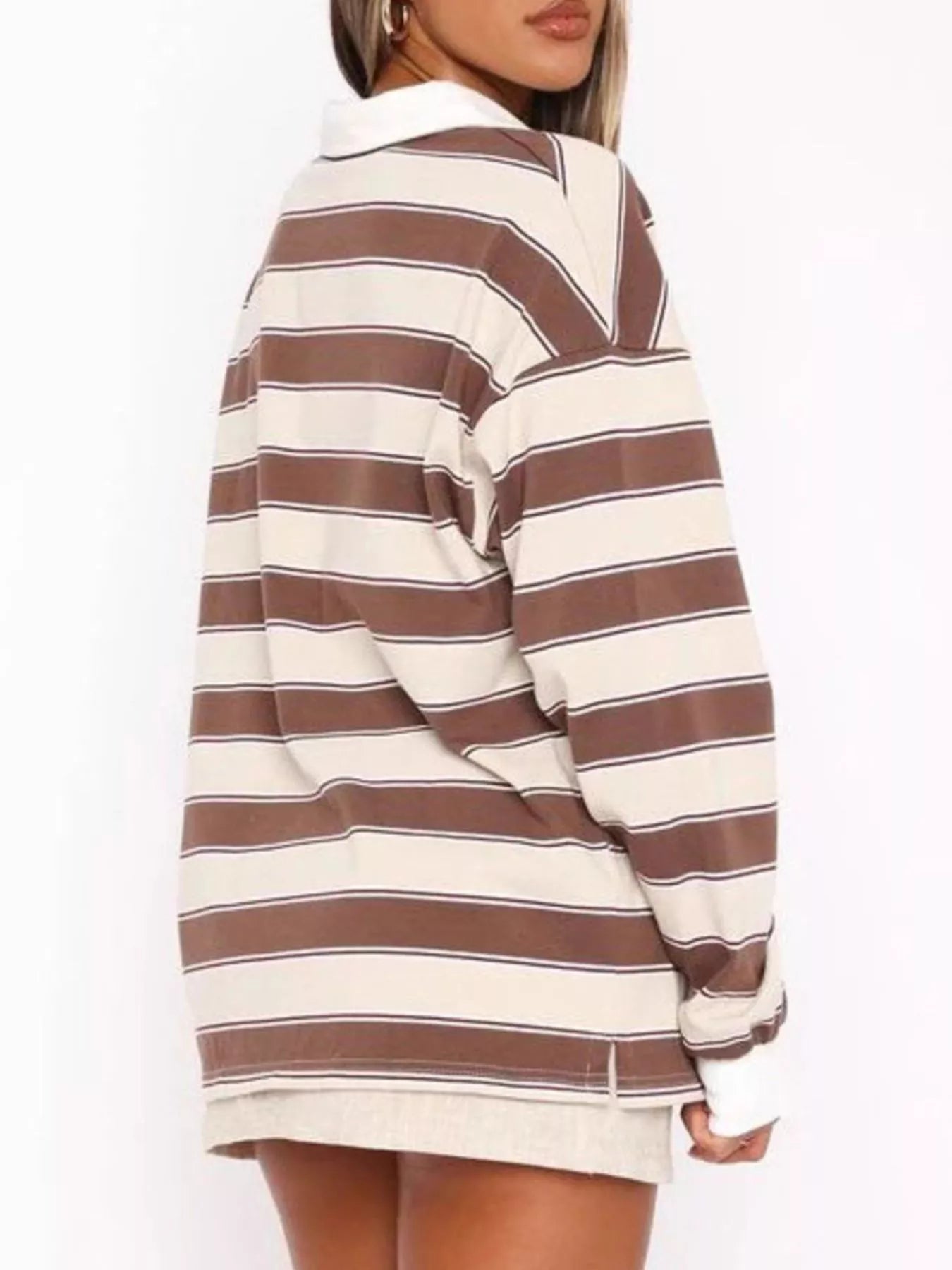 Striped Button Detail Long Sleeve Polo designed for comfort and style at Lookzlike