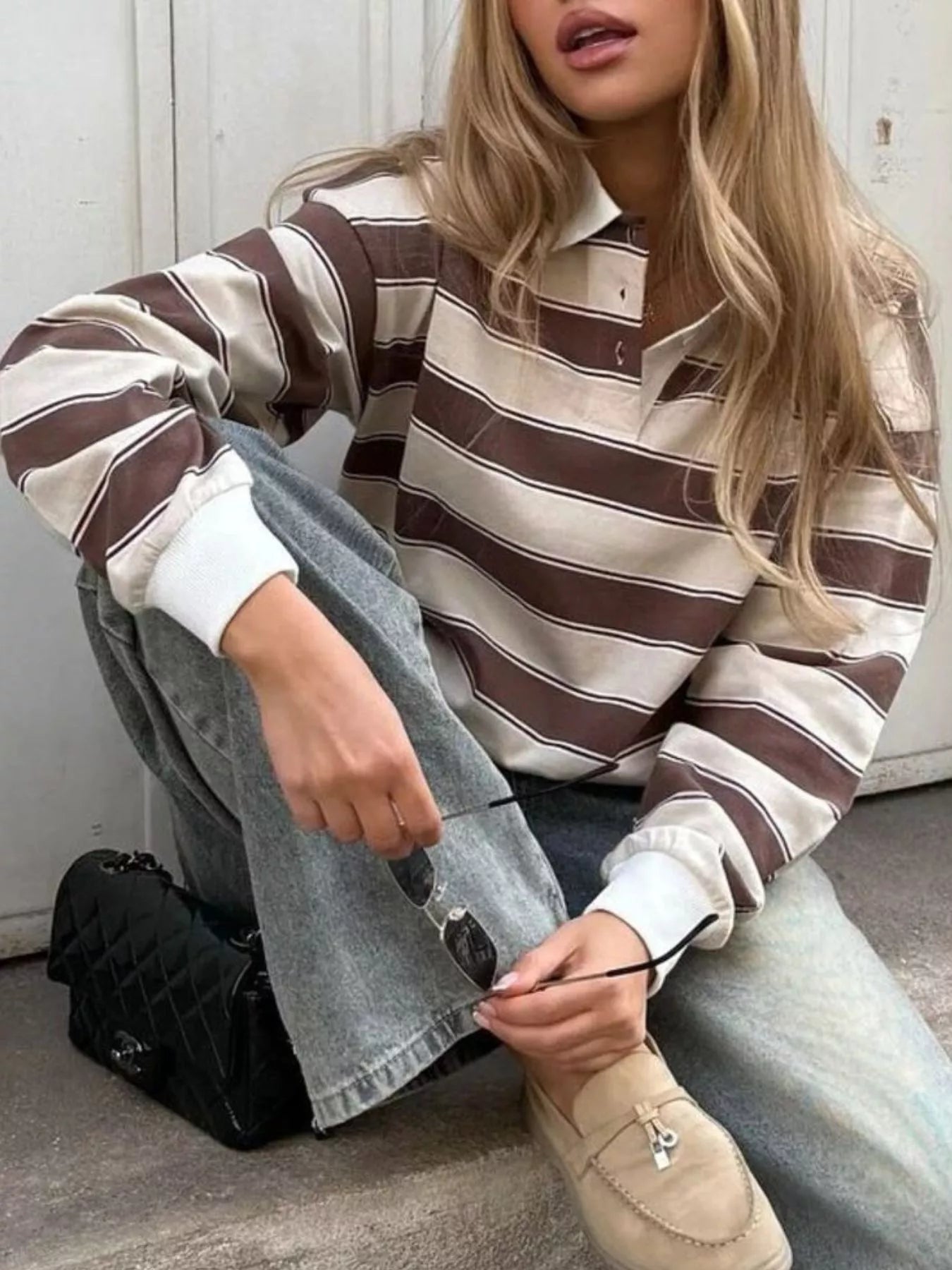 Striped Button Detail Long Sleeve Polo designed for comfort and style at Lookzlike