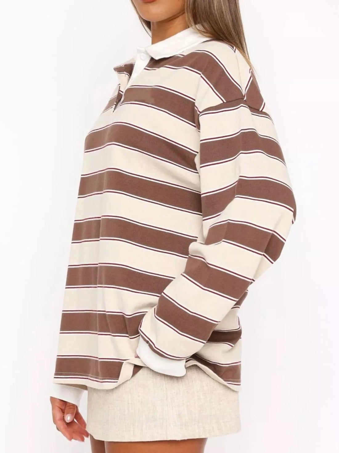 Striped Button Detail Long Sleeve Polo designed for comfort and style at Lookzlike