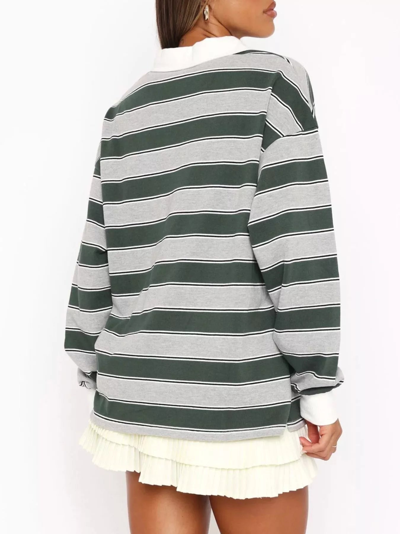 Striped Button Detail Long Sleeve Polo designed for comfort and style at Lookzlike