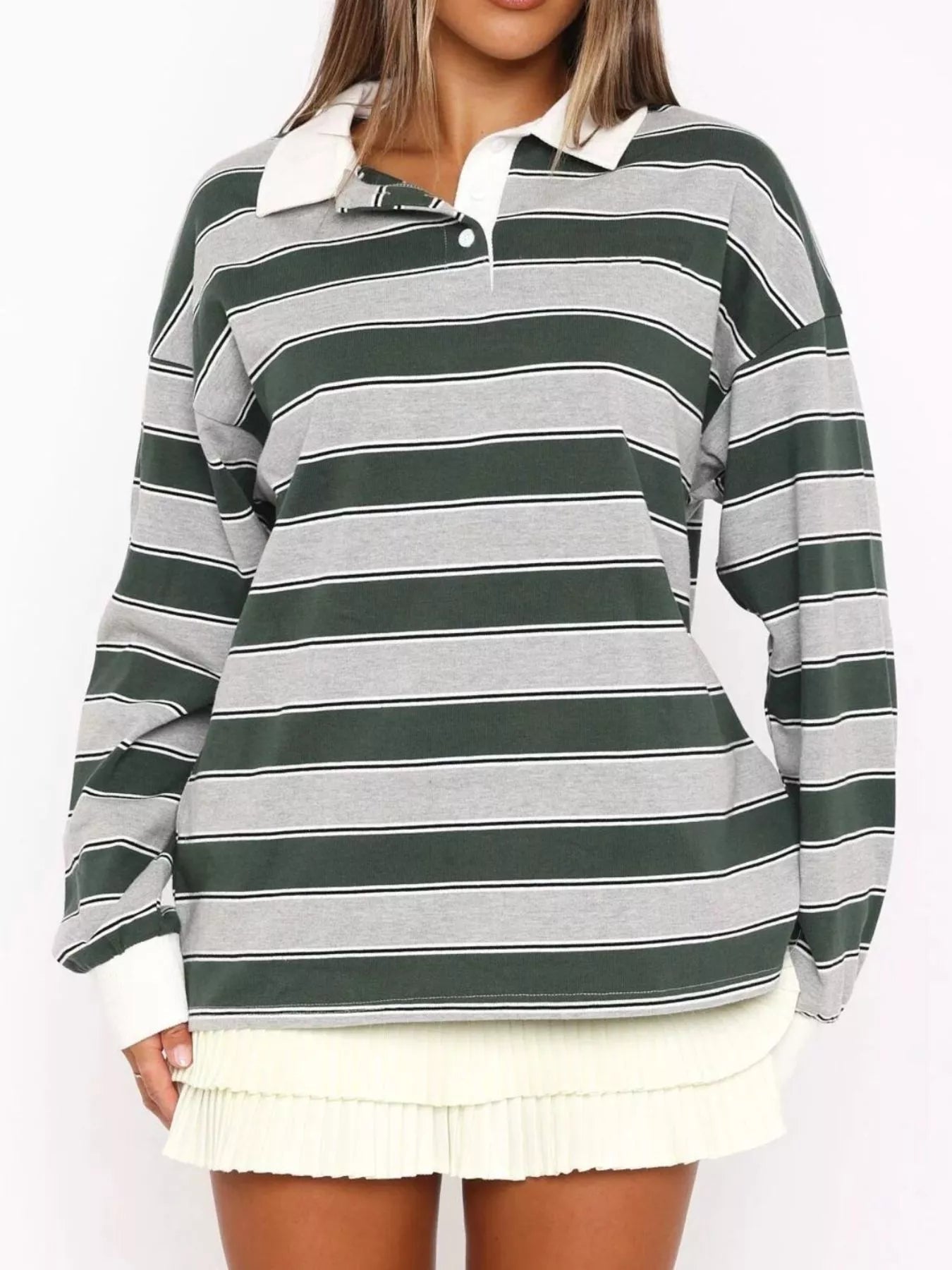 Striped Button Detail Long Sleeve Polo designed for comfort and style at Lookzlike