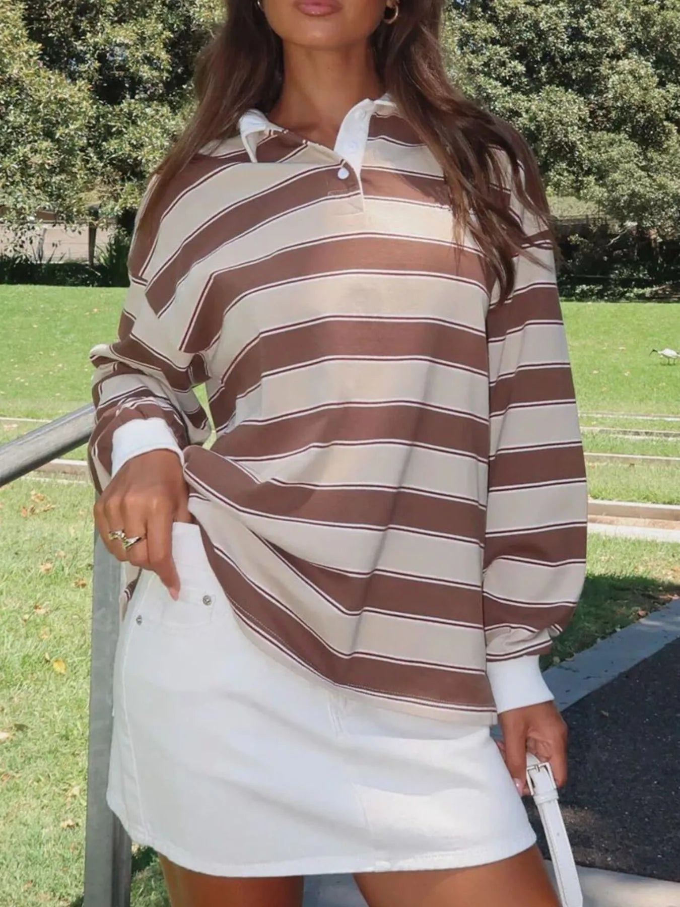 Striped Button Detail Long Sleeve Polo designed for comfort and style at Lookzlike