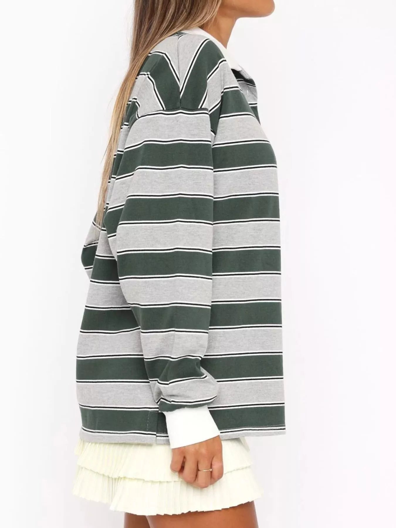 Striped Button Detail Long Sleeve Polo designed for comfort and style at Lookzlike