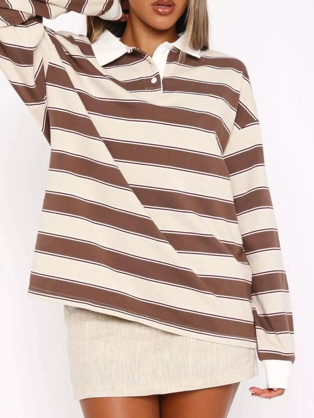 Striped Button Detail Long Sleeve Polo designed for comfort and style at Lookzlike