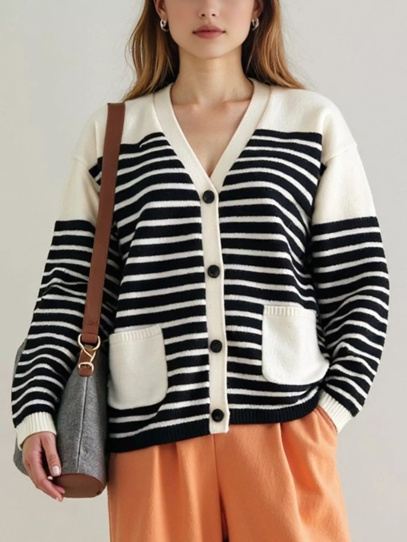 Striped Button - Down Knit Cardigan designed for comfort and style at Lookzlike