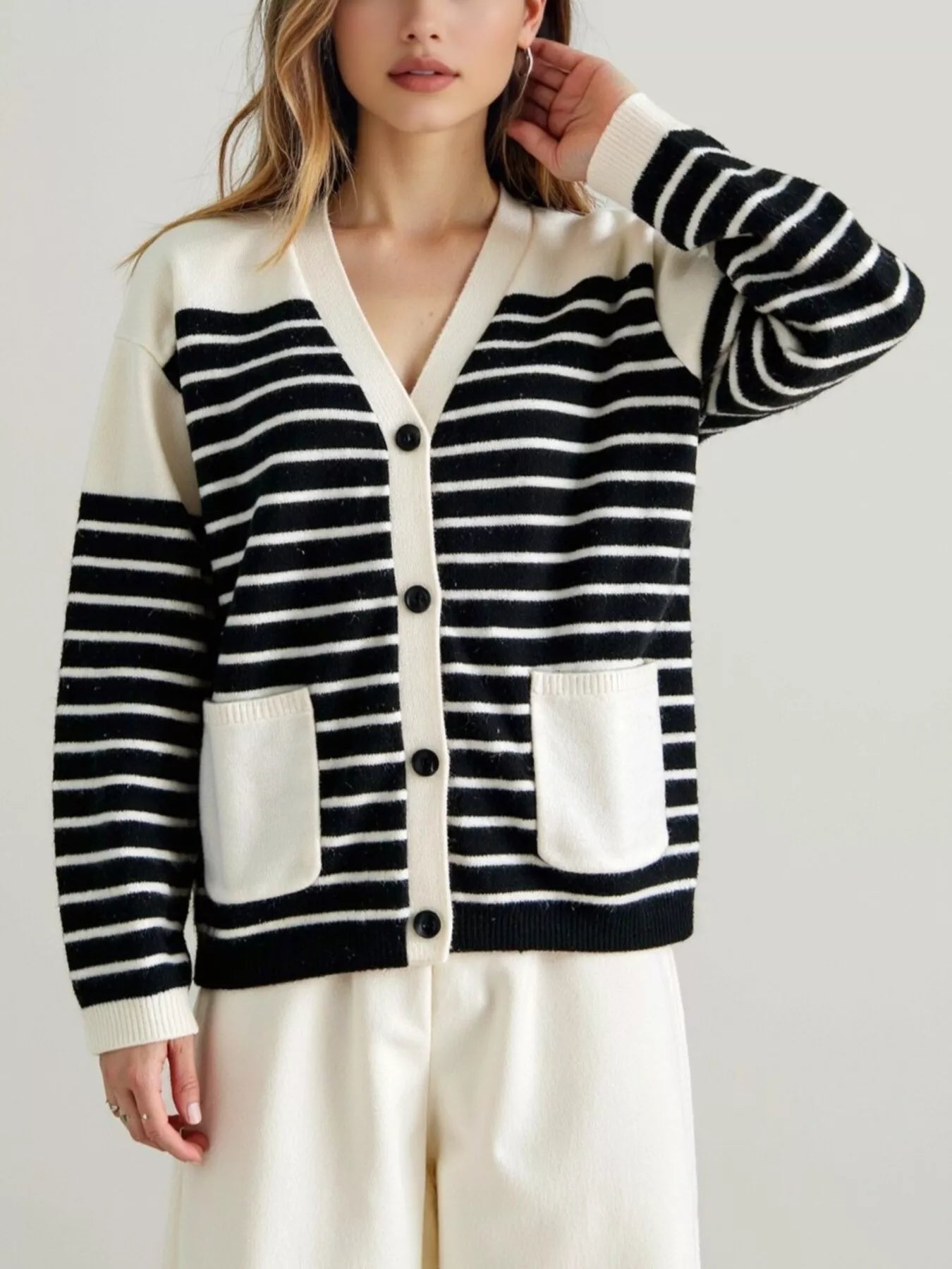 Striped Button - Down Knit Cardigan designed for comfort and style at Lookzlike