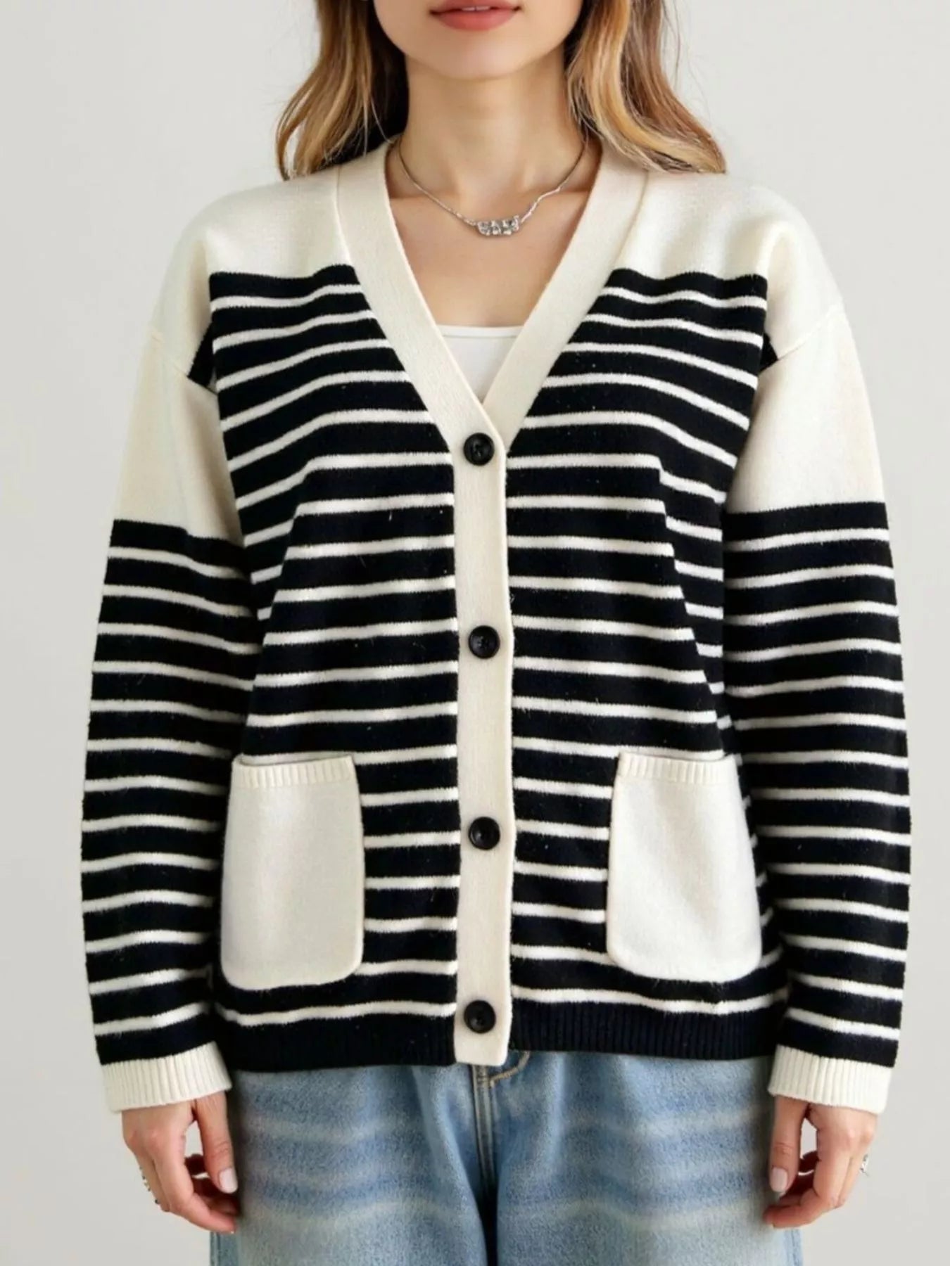 Striped Button - Down Knit Cardigan designed for comfort and style at Lookzlike