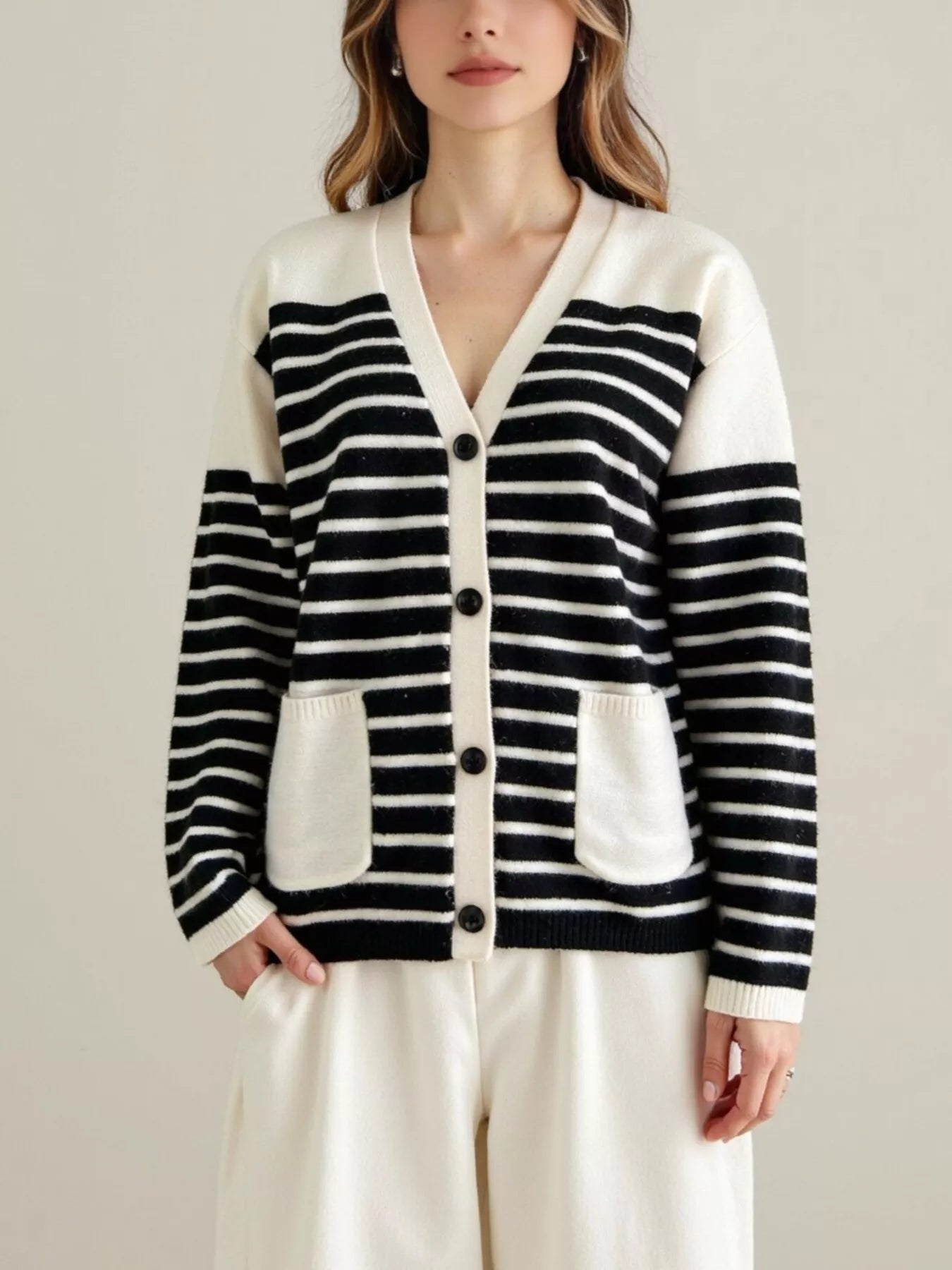 Striped Button - Down Knit Cardigan designed for comfort and style at Lookzlike