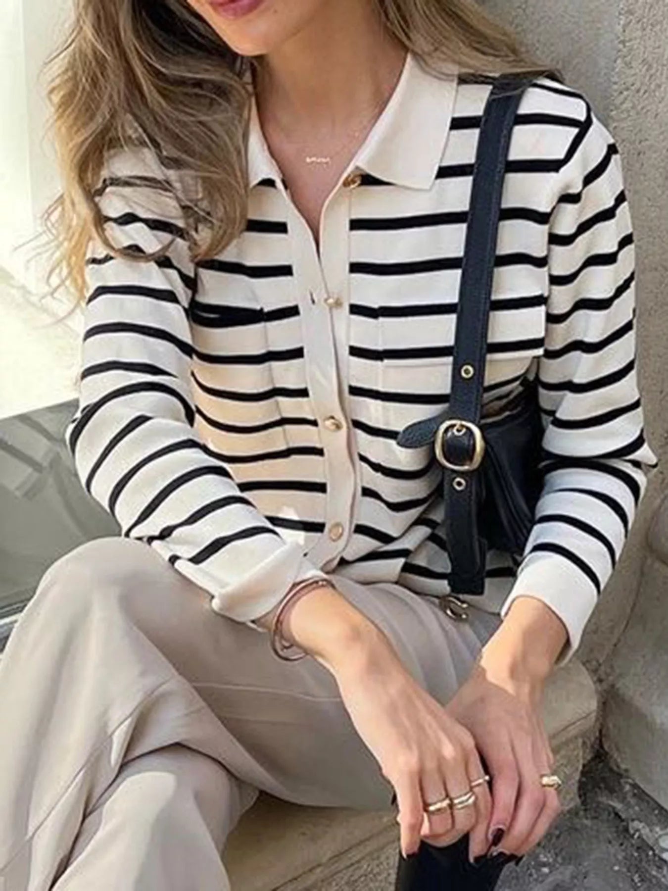Striped Button - Down Knit Cardigan designed for comfort and style at Lookzlike
