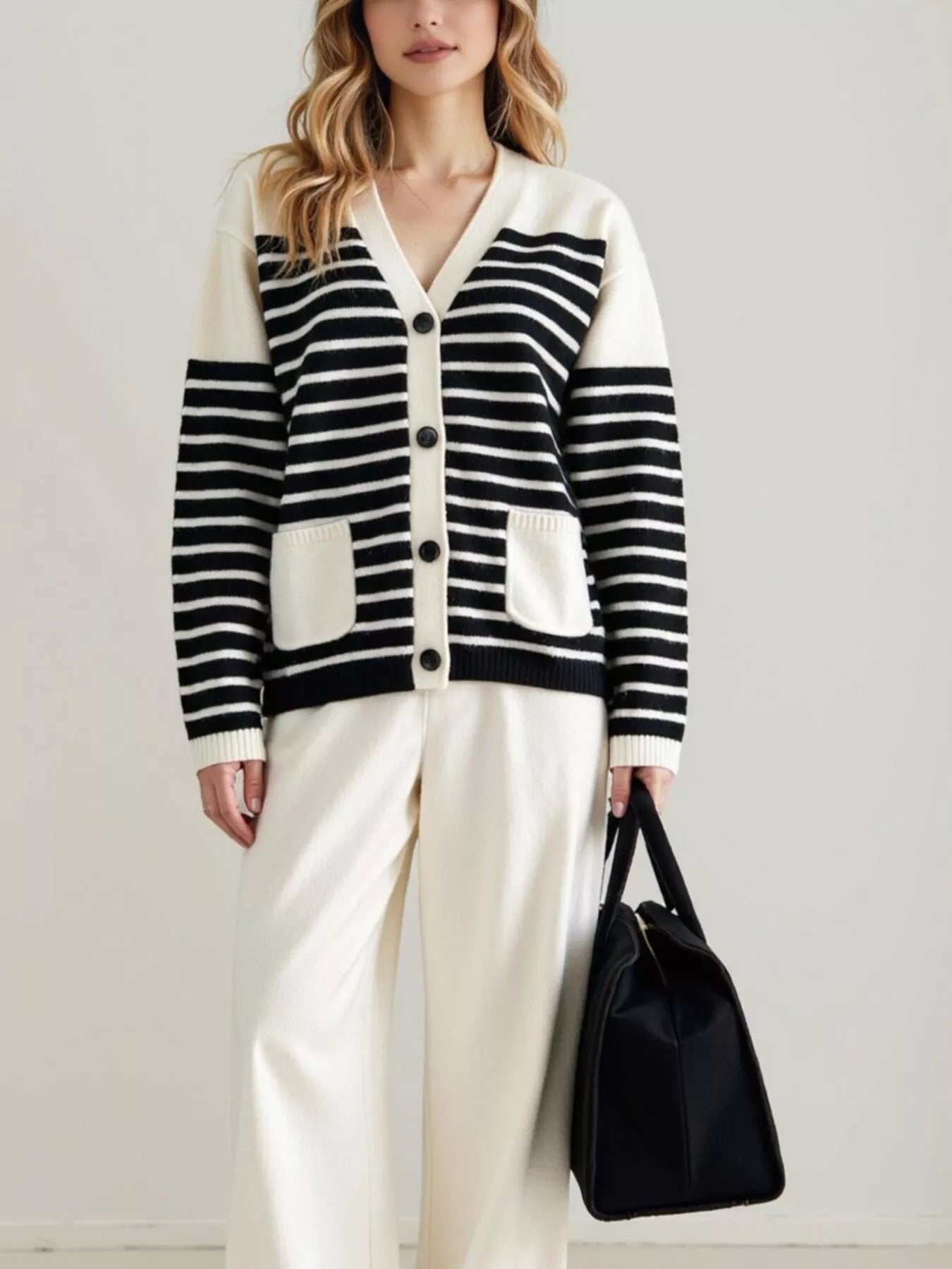 Striped Button - Down Knit Cardigan designed for comfort and style at Lookzlike