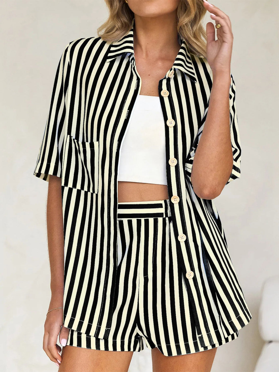 Striped Button Up Shirt and Shorts Set - Lookzlike