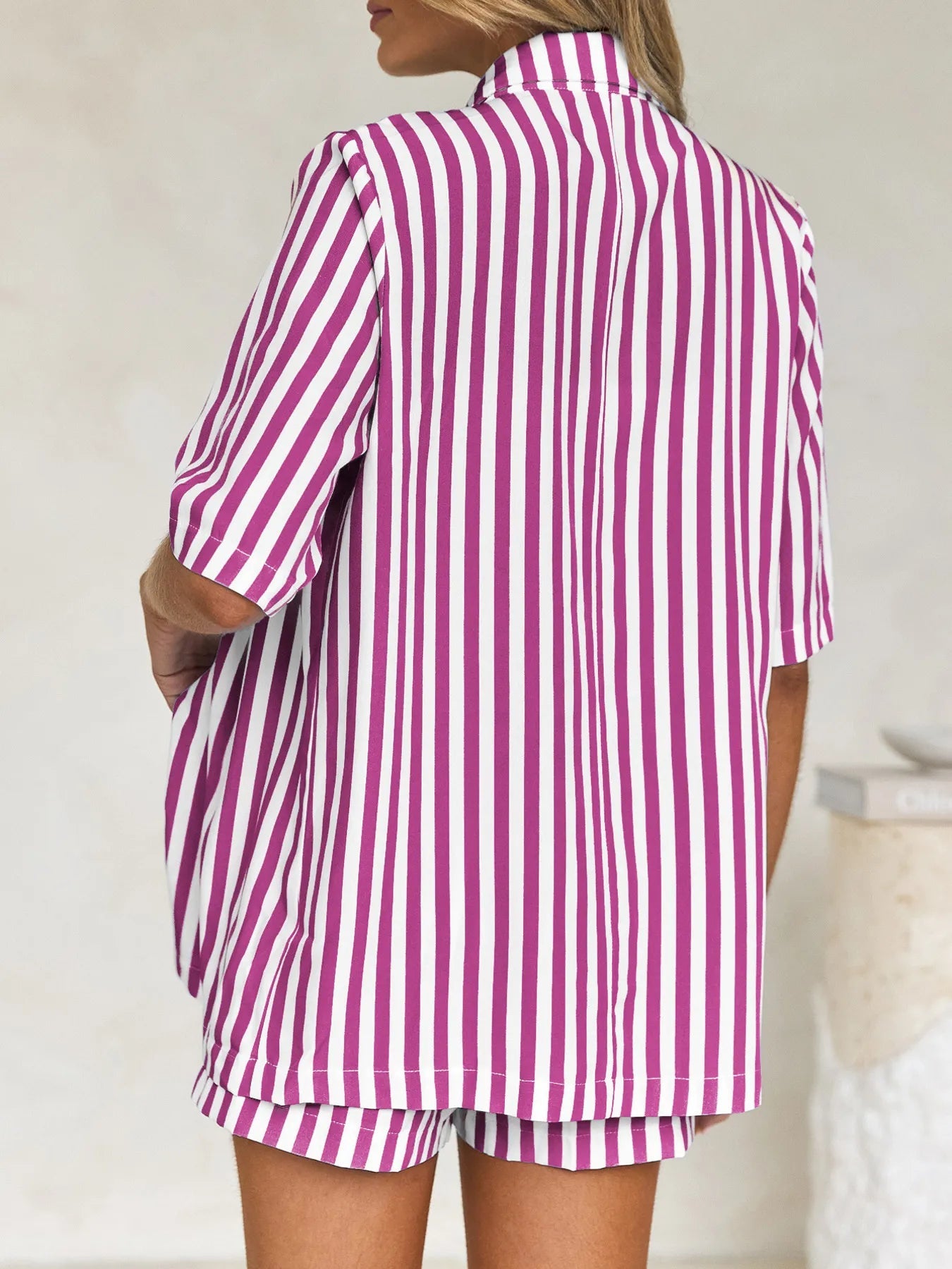 Striped Button Up Shirt and Shorts Set - Lookzlike