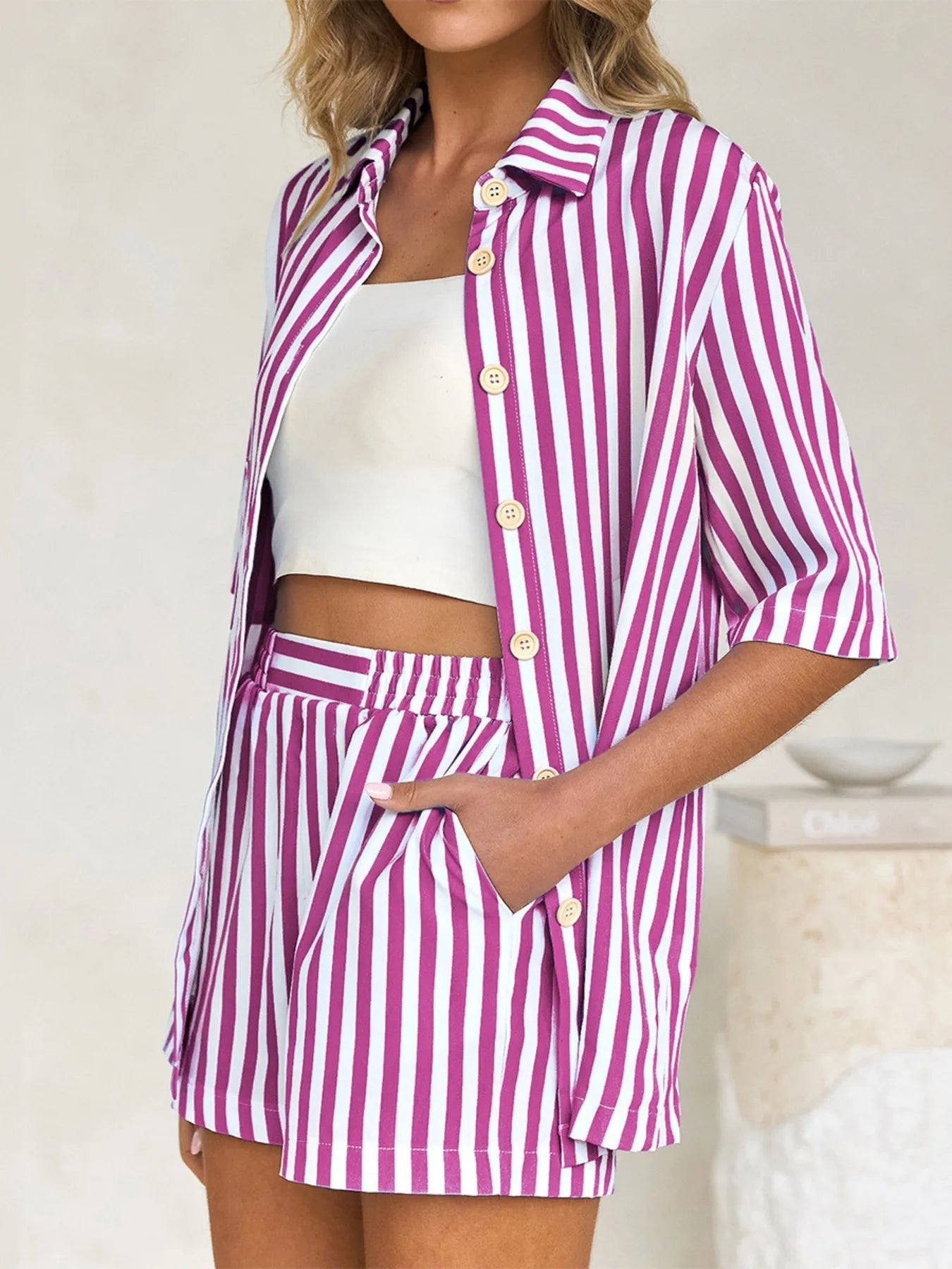 Striped Button Up Shirt and Shorts Set - Lookzlike