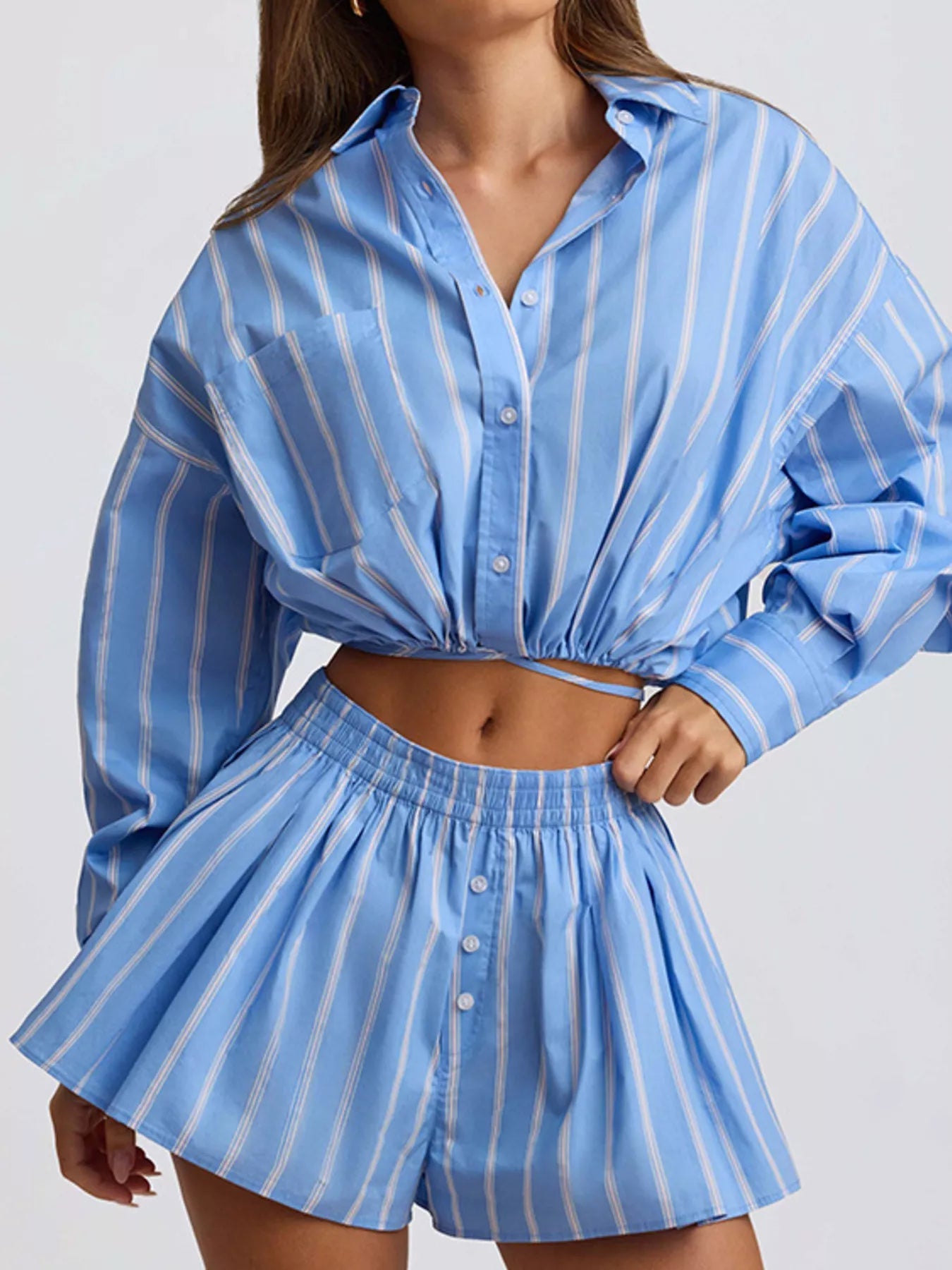 Striped Button Up Shirt and Shorts Set designed for comfort and style at Lookzlike