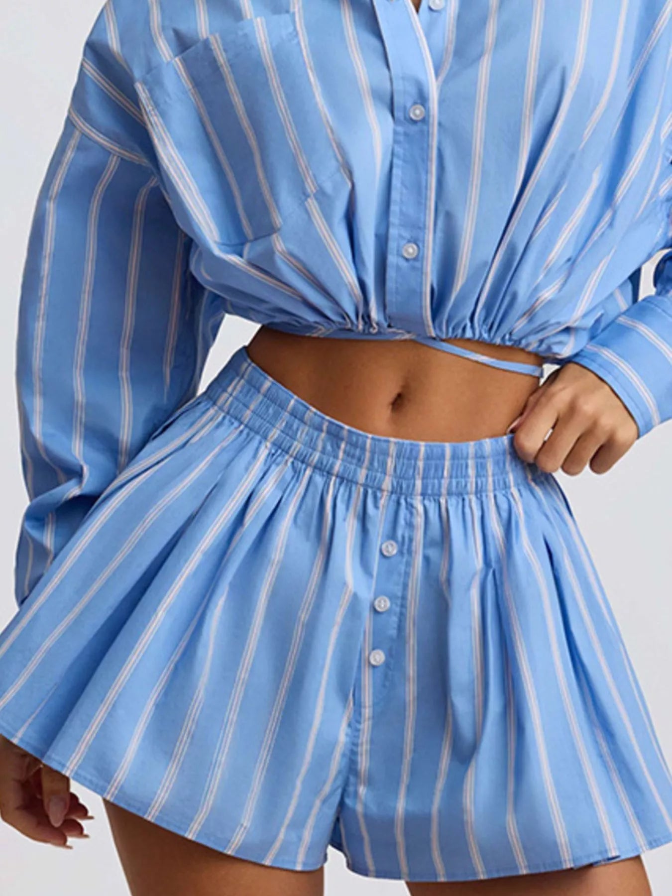 Striped Button Up Shirt and Shorts Set designed for comfort and style at Lookzlike