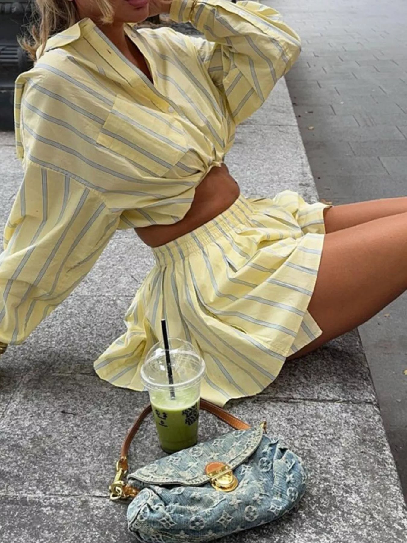Striped Button Up Shirt and Shorts Set designed for comfort and style at Lookzlike